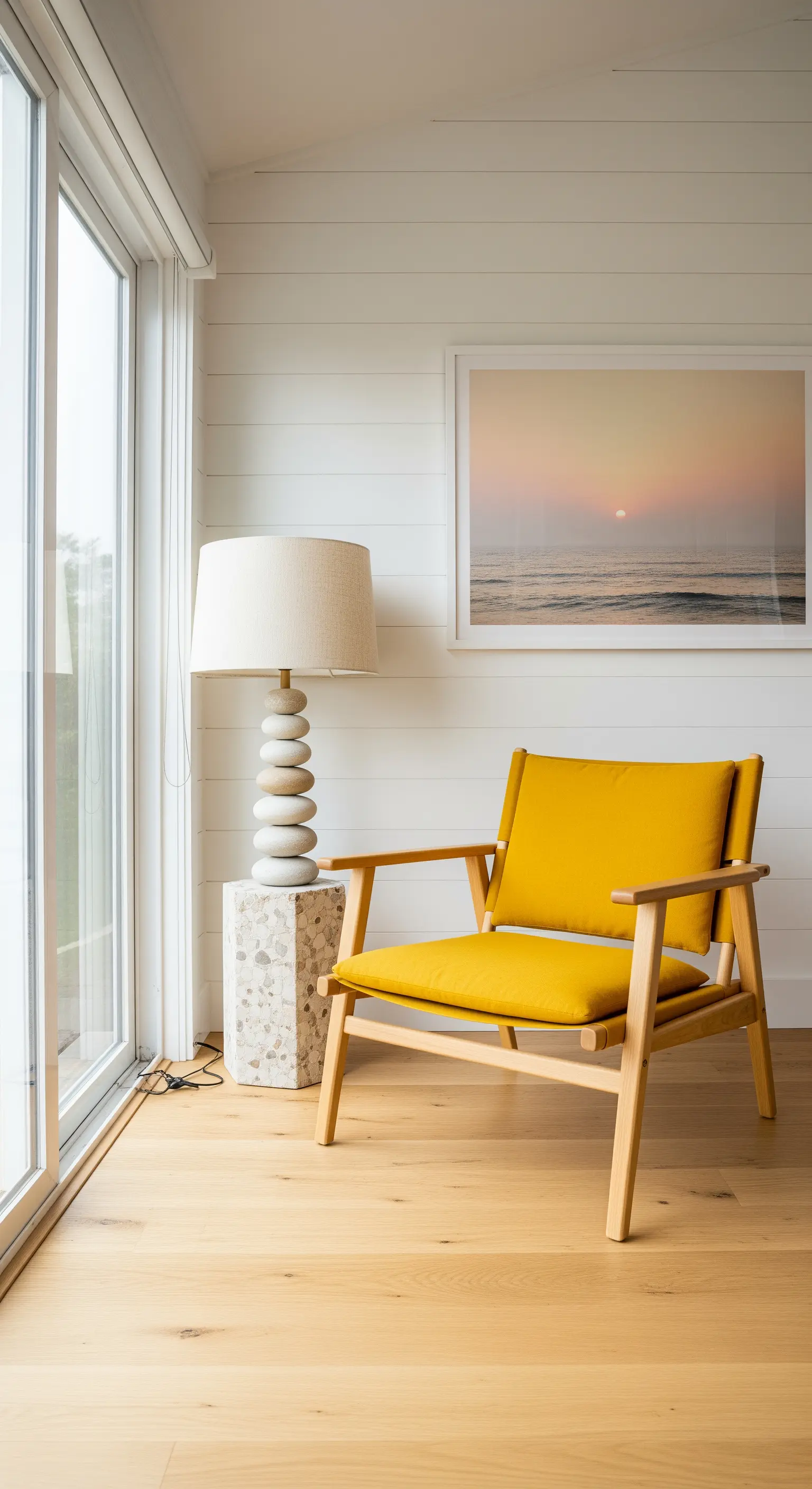 Poltrona senape in legno chiaro vicino a una grande finestra, con lampada dalla base in pietra.