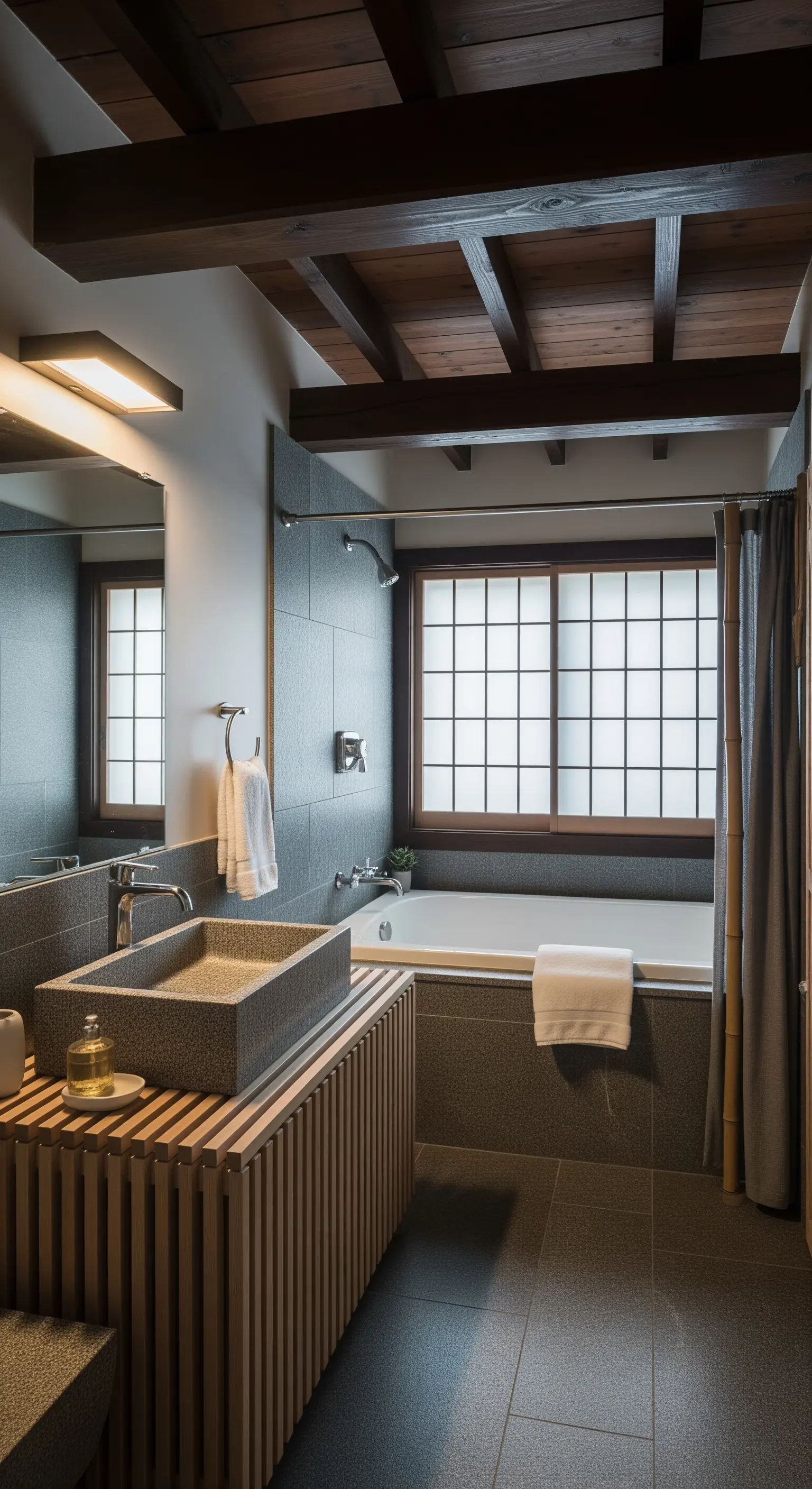 Bagno di ispirazione giapponese con mobile a listelli, soffitto a cassettoni e lavabo in granito.