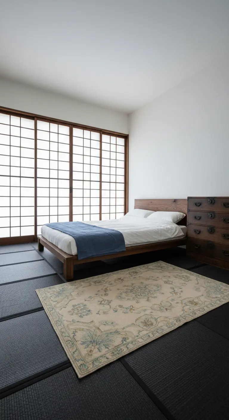 Camera da letto in stile giapponese con letto basso, pannelli shoji e tappeto persiano chiaro.