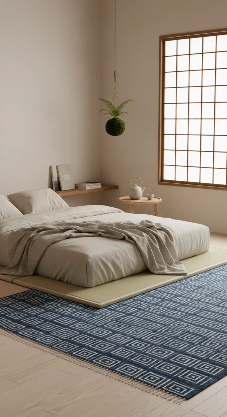 Camera in stile Japandi con letto basso, tappeto blu geometrico e finestra shoji.