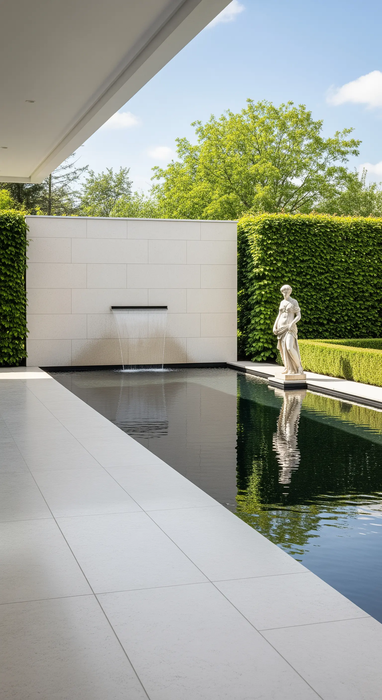 Veranda moderna con piscina a sfioro, parete con cascata e una statua classica su un lato.