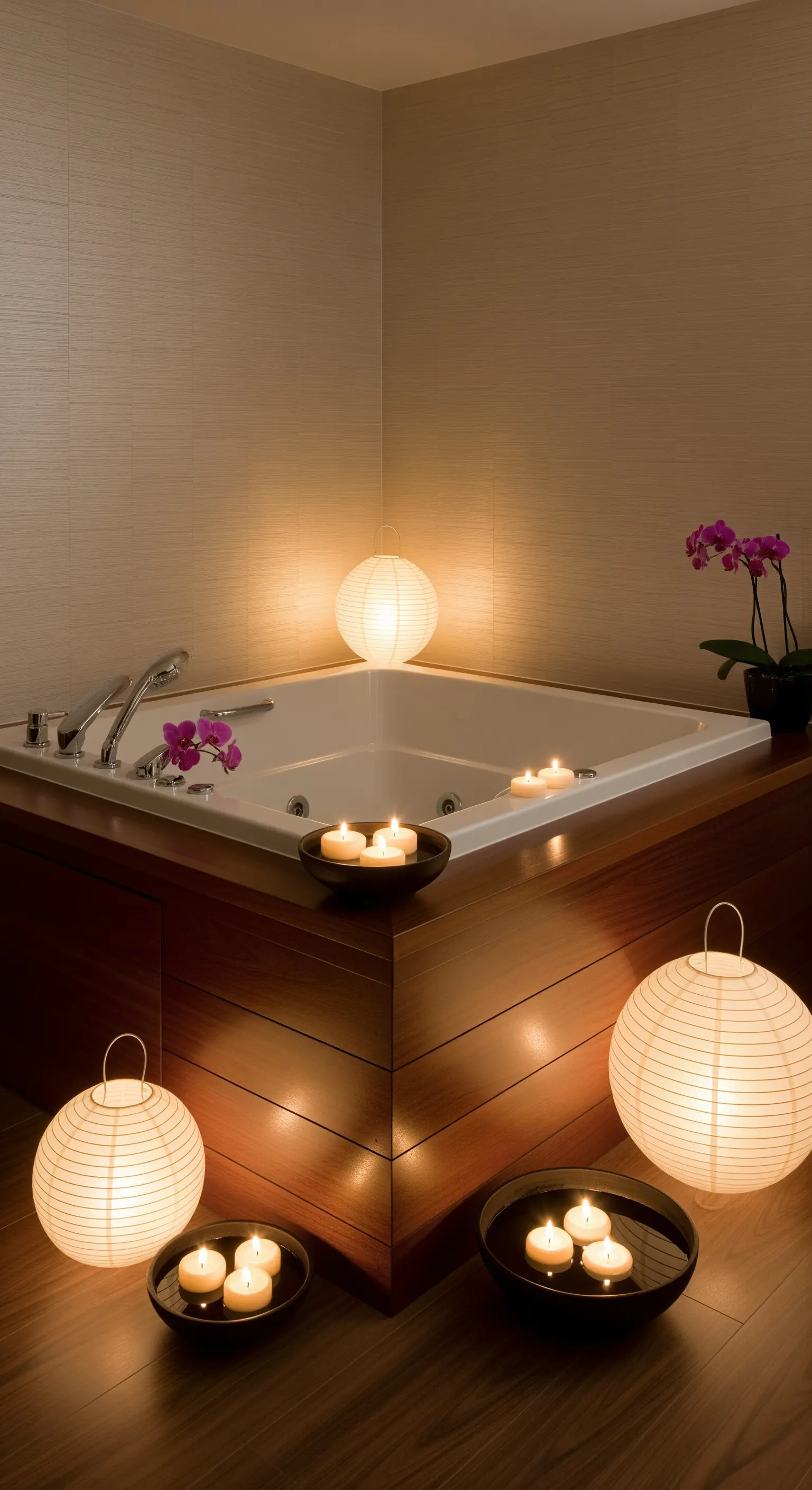 Vasca idromassaggio angolare con lanterne di carta, orchidee e candele galleggianti.