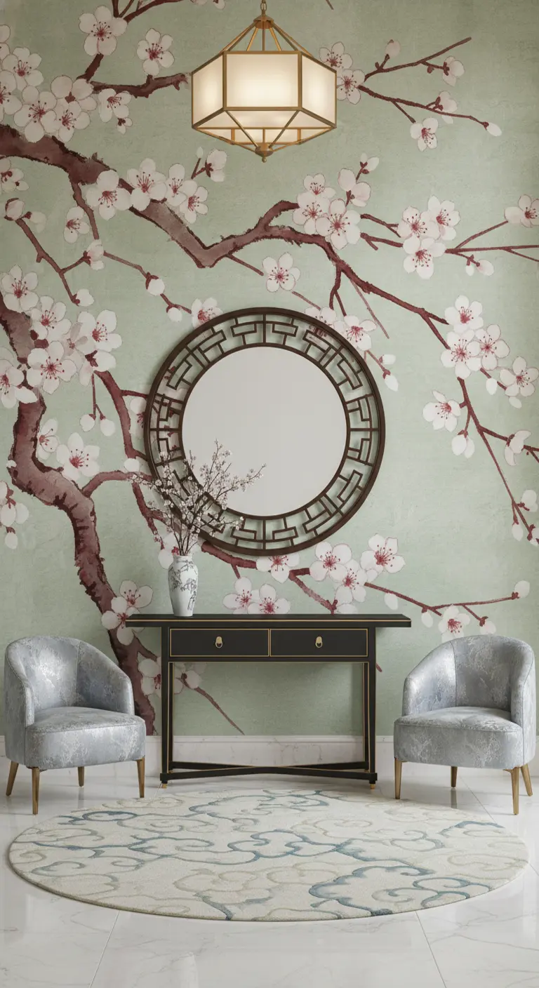 Ingresso in stile orientale con carta da parati a fiori di ciliegio e arredi simmetrici.