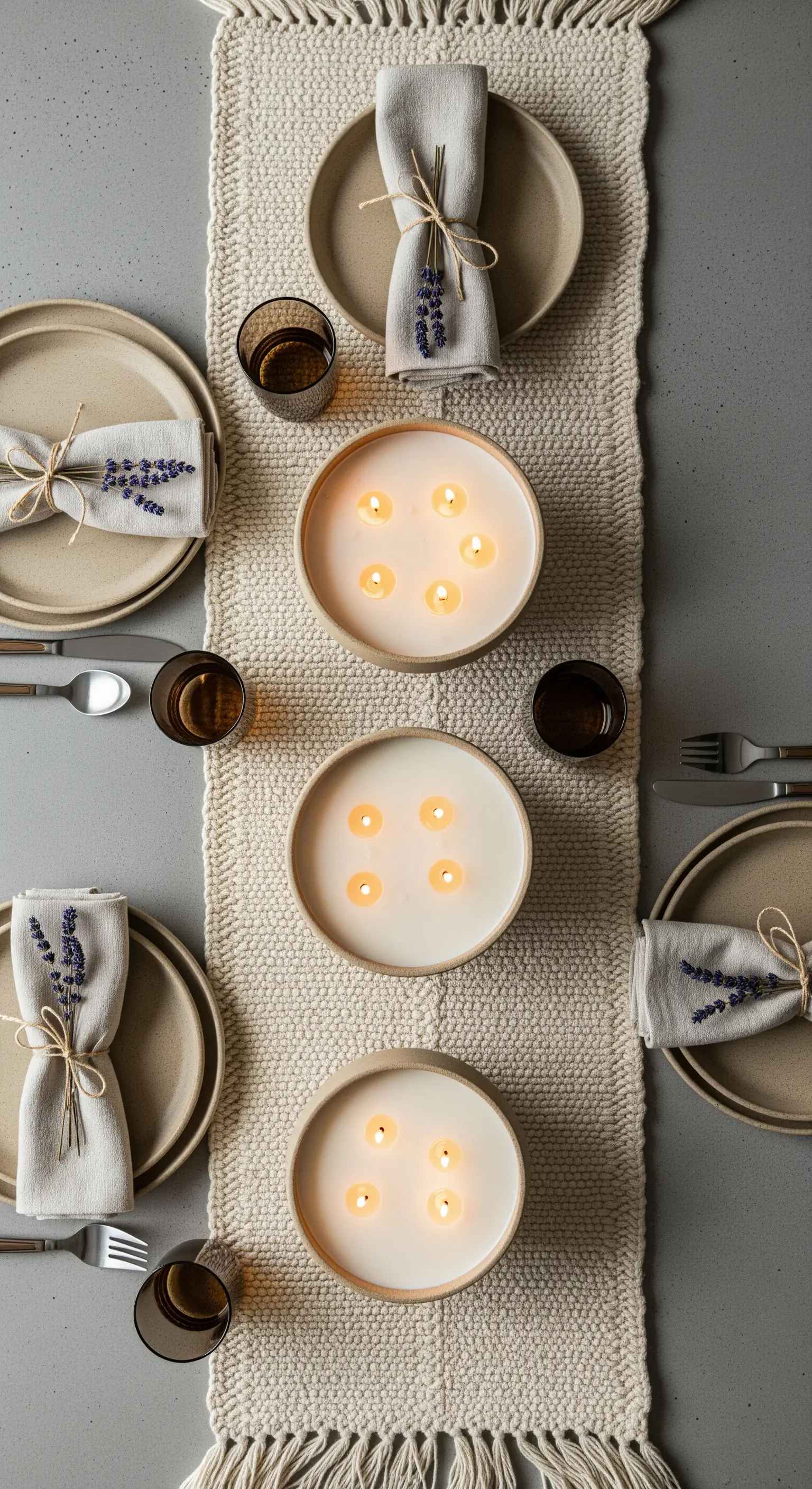 Tavola minimalista con runner in lino, piatti color sabbia e tovaglioli legati con lavanda