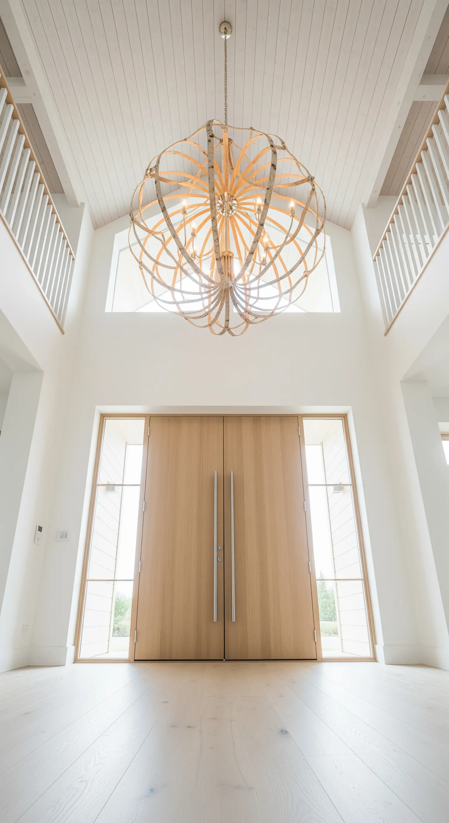 Ingresso in stile scandinavo con pareti bianche, porta in legno chiaro e lampadario sferico in legno.