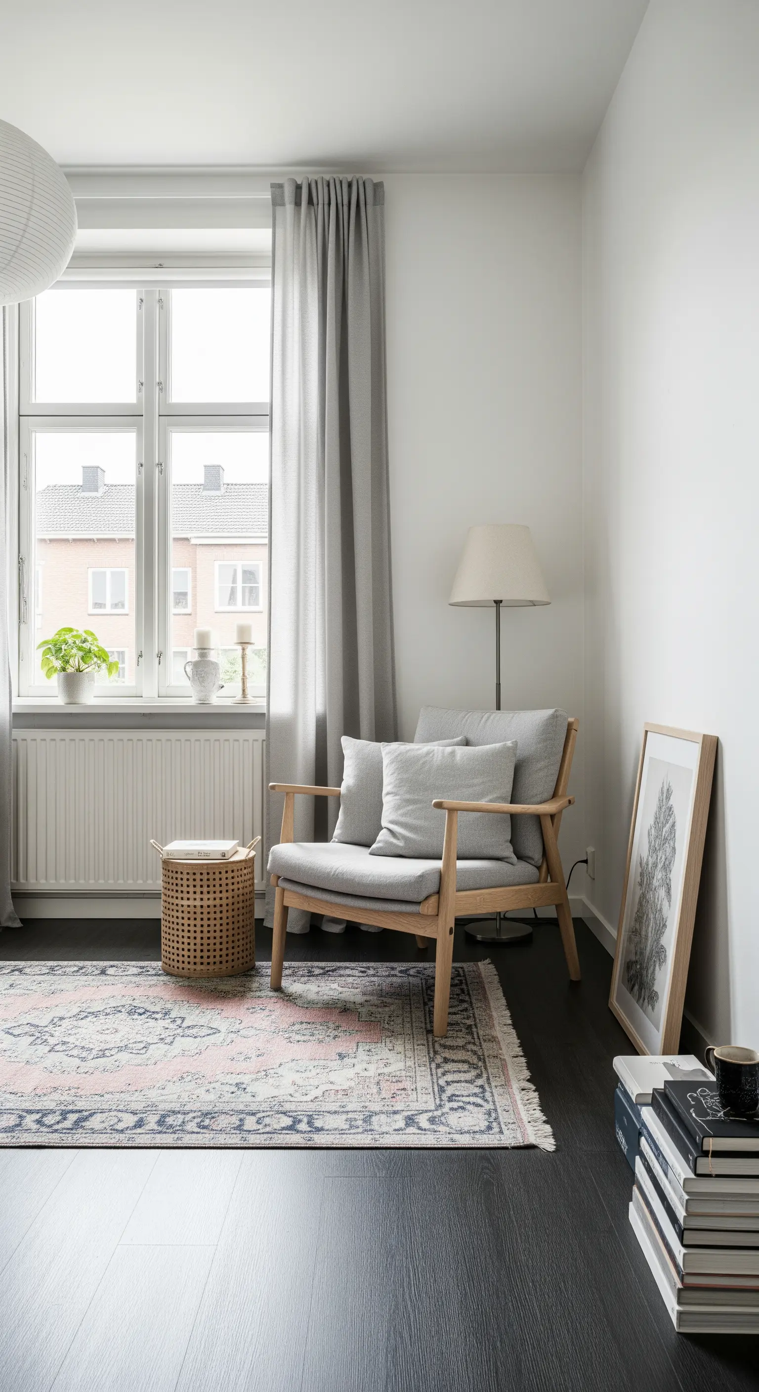 Poltrona in legno chiaro e tessuto grigio in un angolo luminoso con tappeto scandinavo.