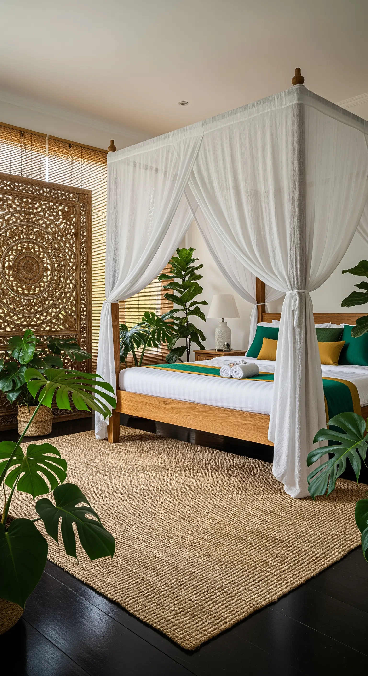 Letto a baldacchino con tende bianche, pannello in legno intagliato e piante tropicali.