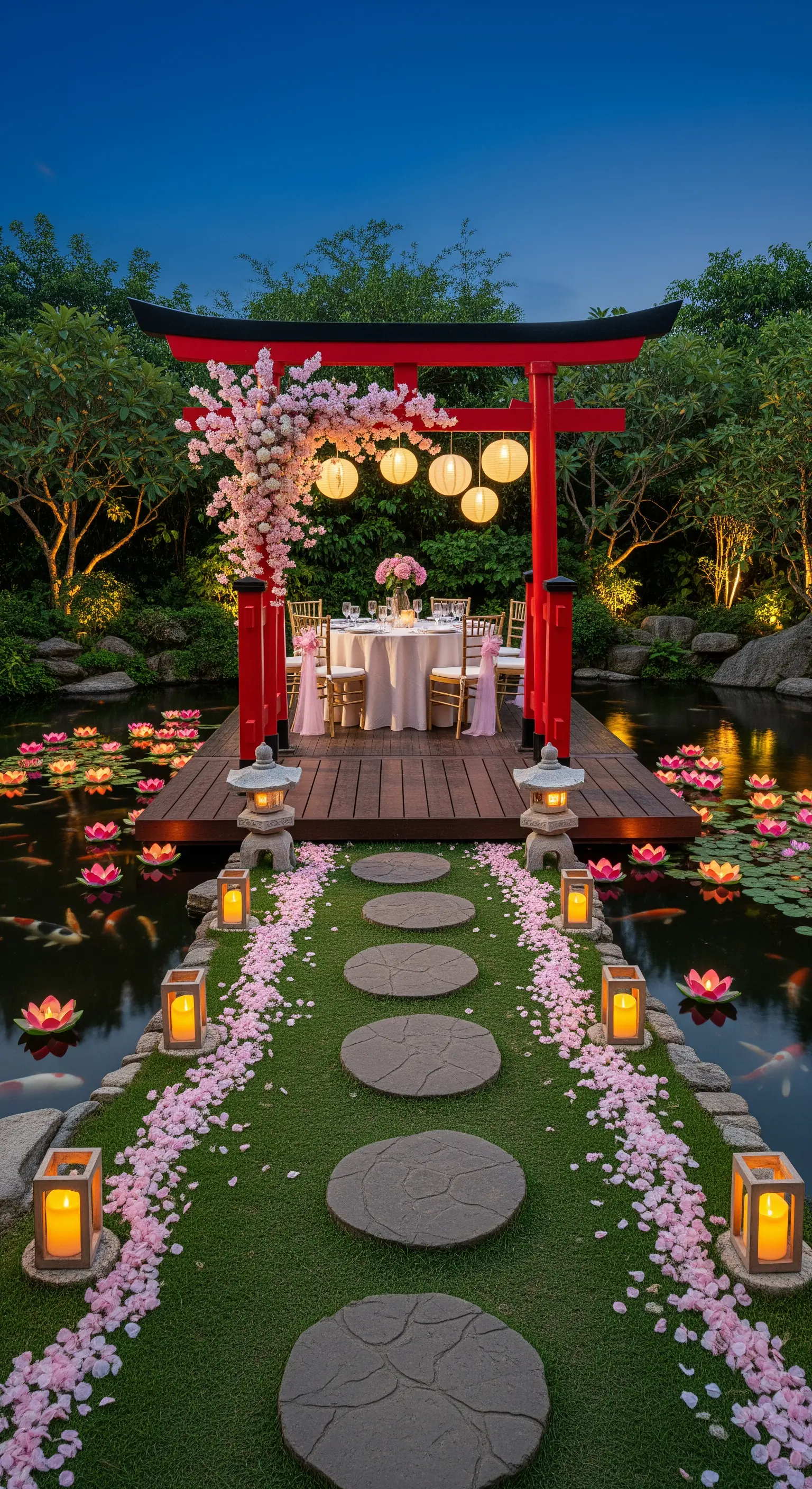 Cena romantica su una pedana in un laghetto giapponese con un arco torii rosso e lanterne.