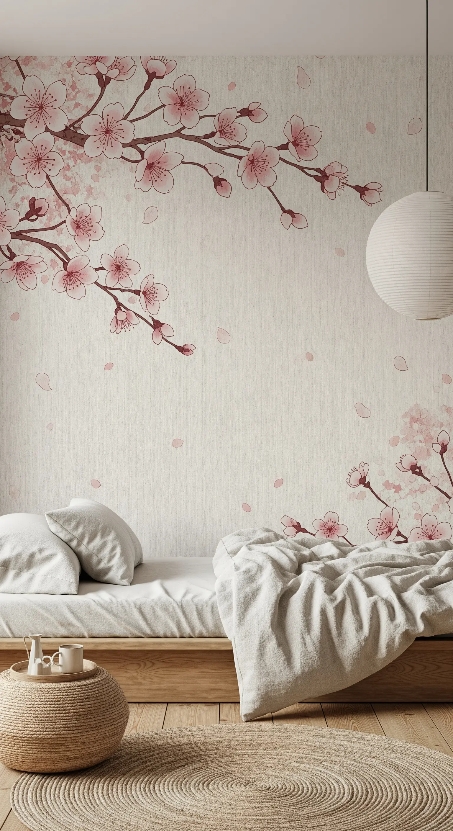 Camera da letto in stile Japandi con carta da parati a fiori di ciliegio e letto basso.