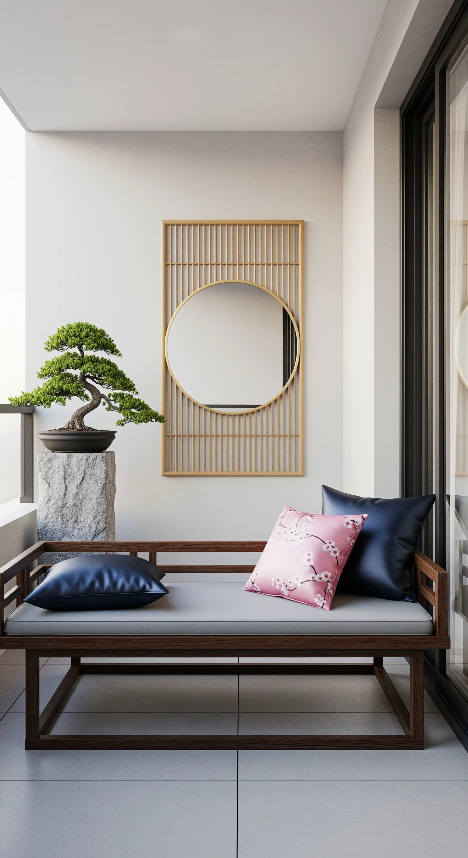 Balcone in stile Japandi con panca in legno, bonsai e specchio rotondo su griglia.