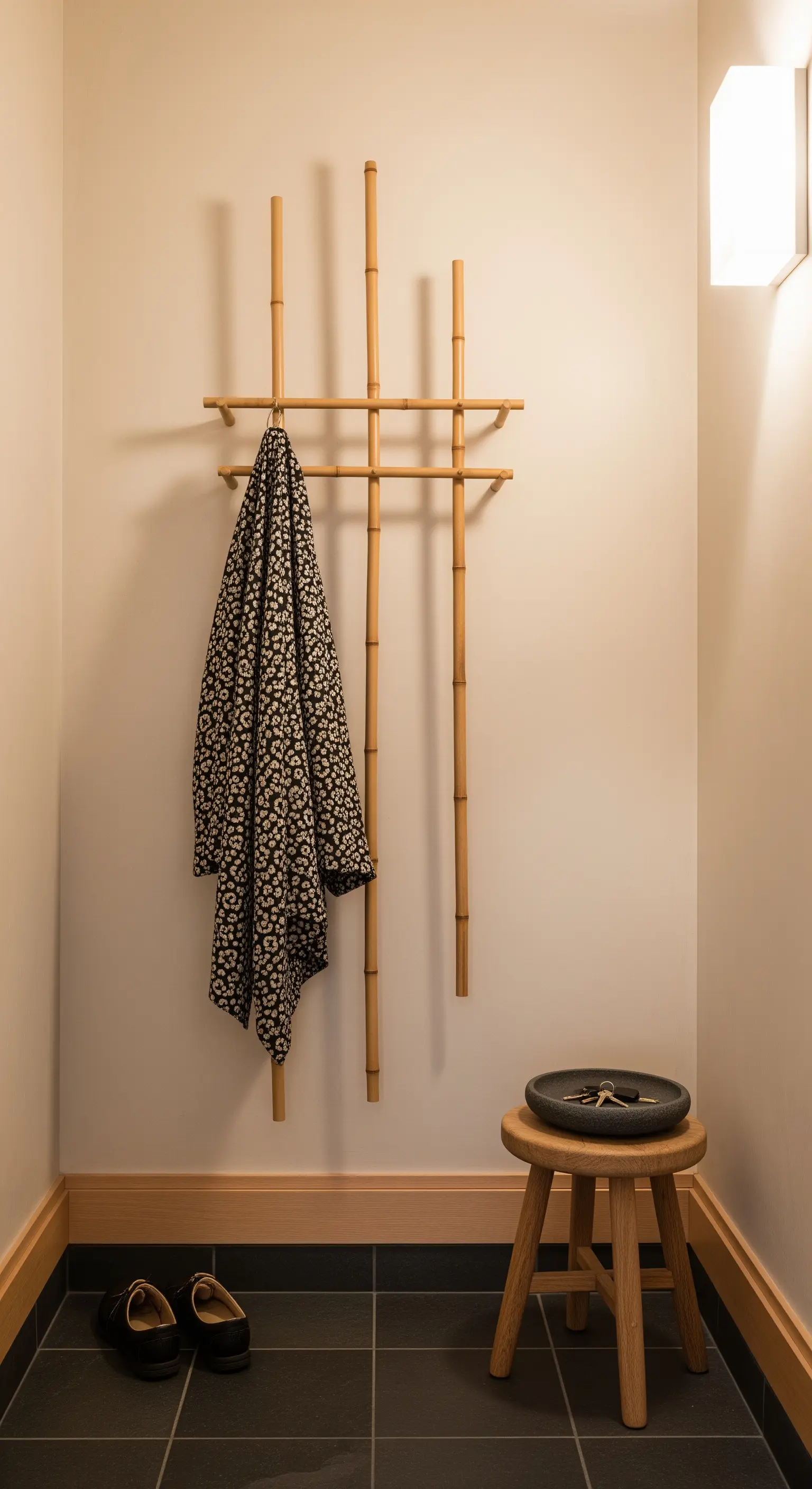 Appendiabiti a parete in bambù naturale in un angolo con sgabello in legno.