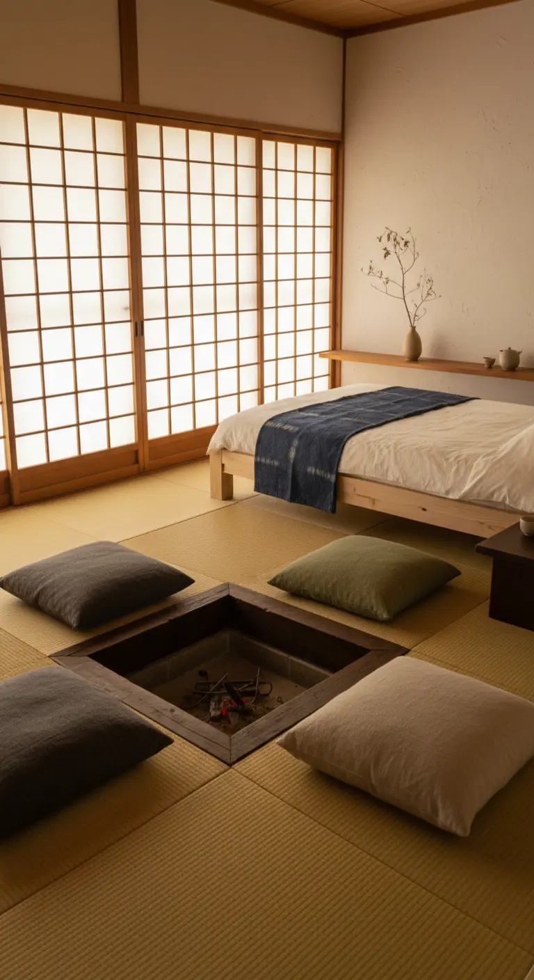 Camera da letto in stile giapponese con focolare incassato, letto basso e pannelli shoji.