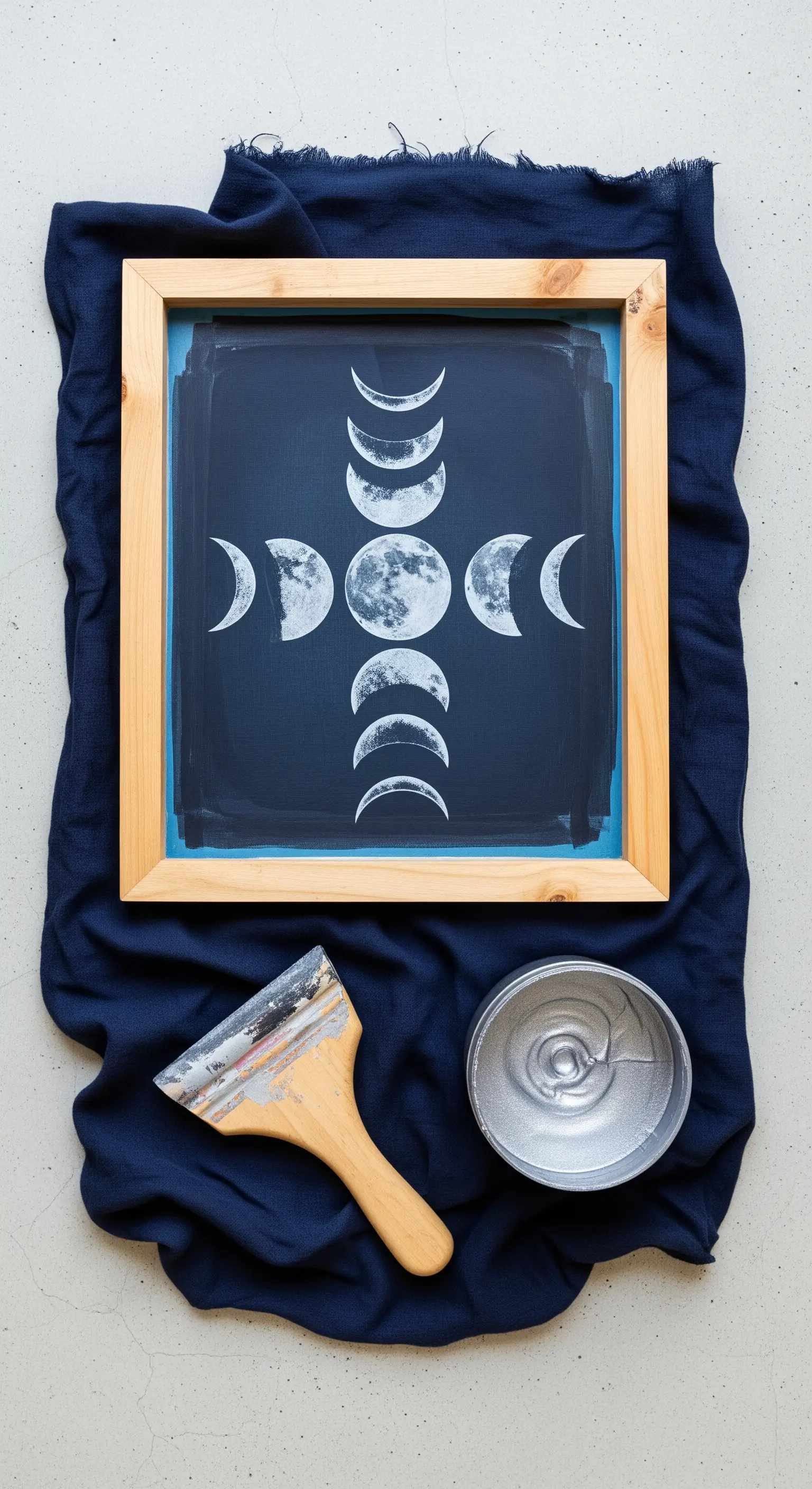 Telaio per serigrafia con il disegno delle fasi lunari, spatola e inchiostro argento su tessuto blu.