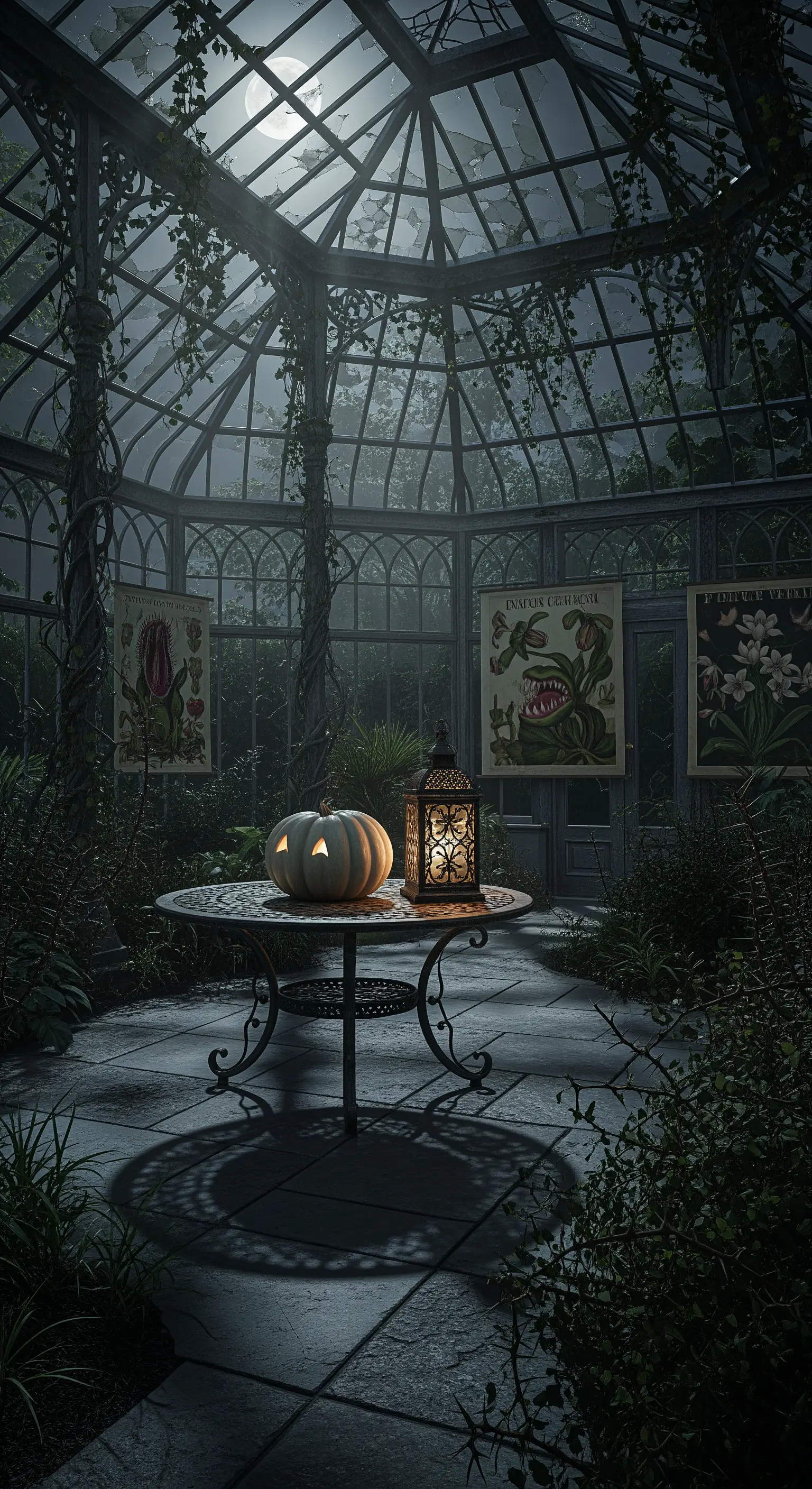 Serra spettrale di notte con una zucca illuminata su un tavolo, piante rampicanti e poster botanici.