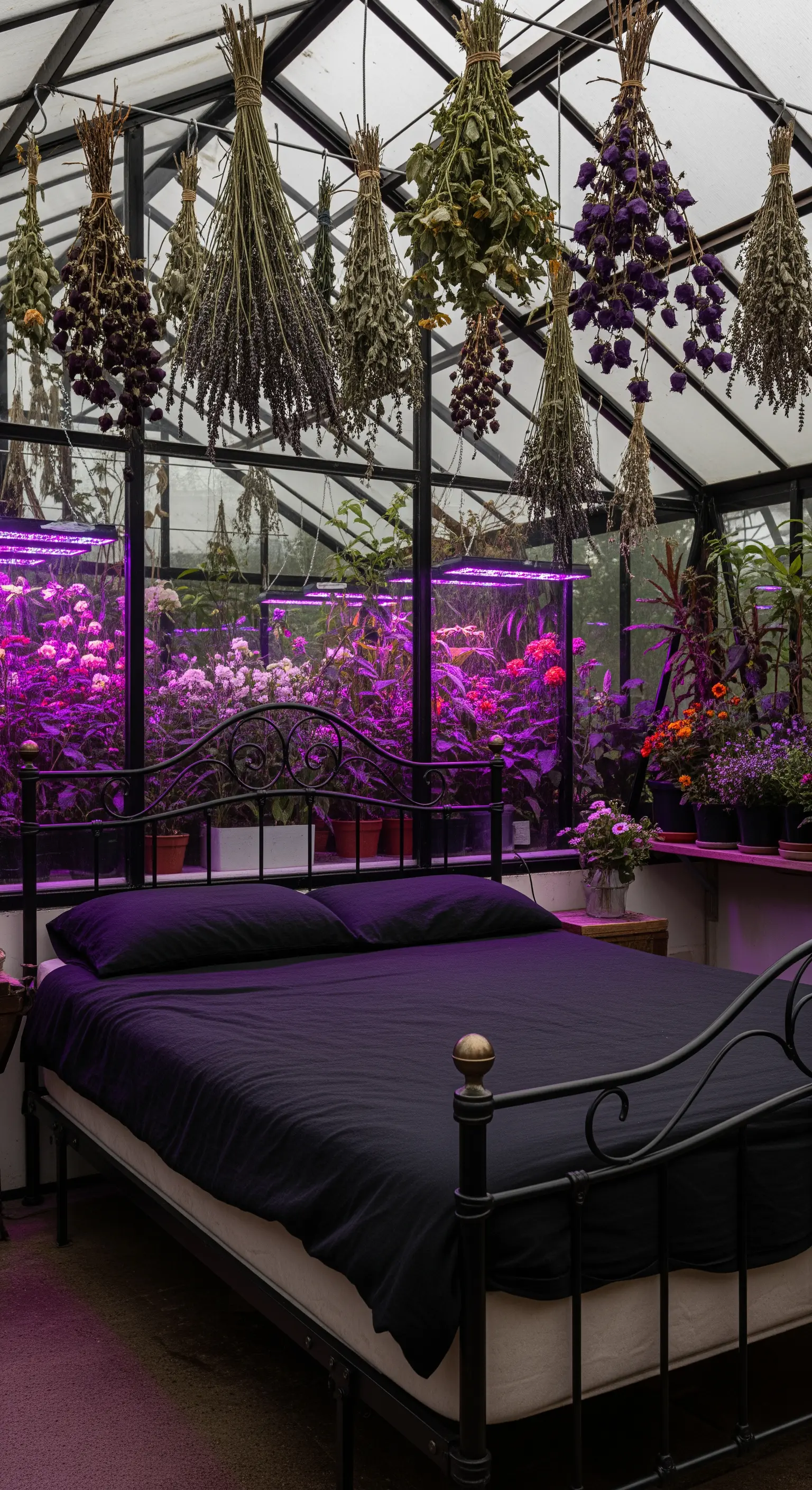 Letto in ferro battuto in una serra illuminata da luci viola per la crescita delle piante.