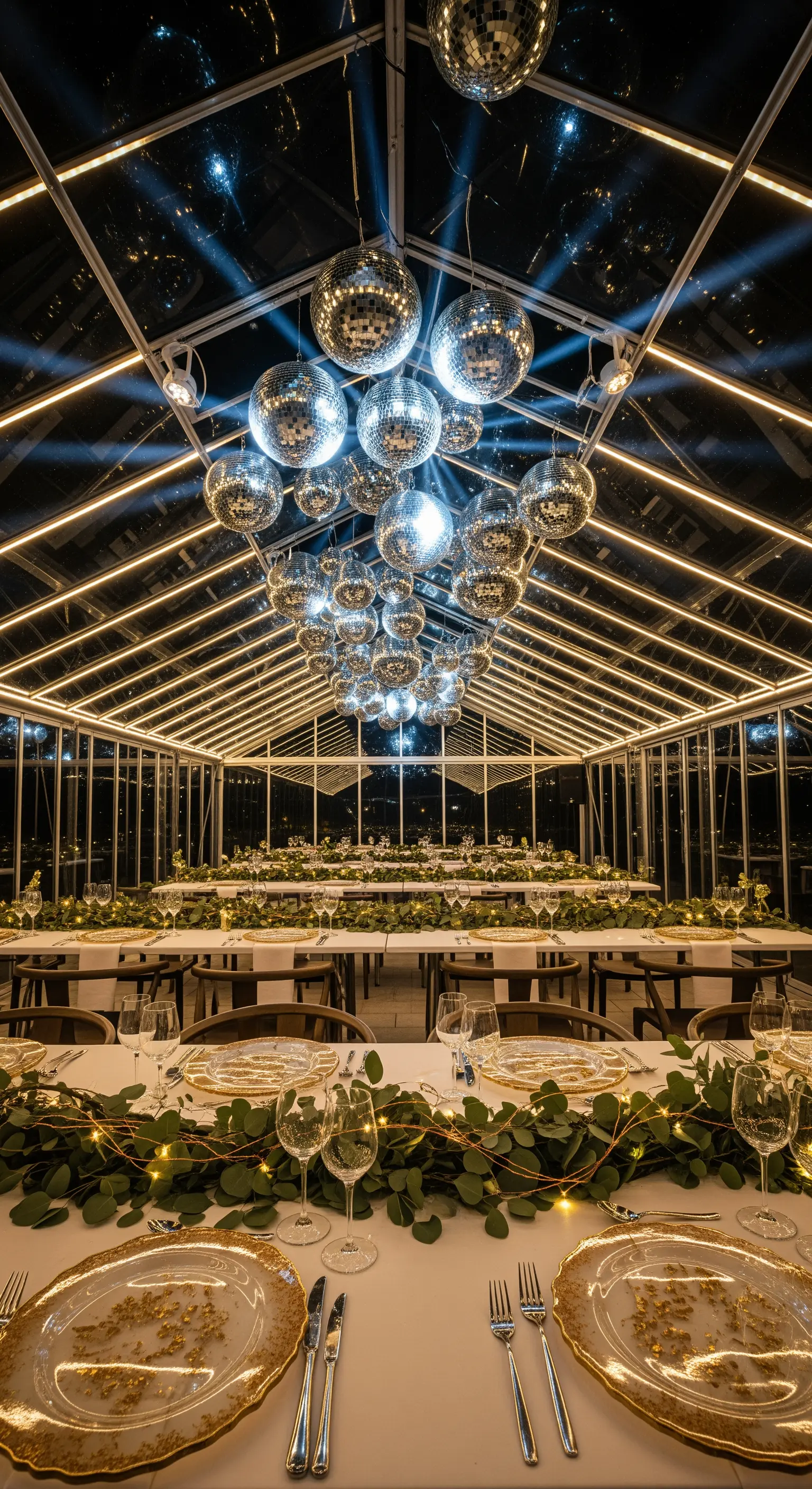 Allestimento in una serra con un grappolo di disco ball e luci a tubo LED.