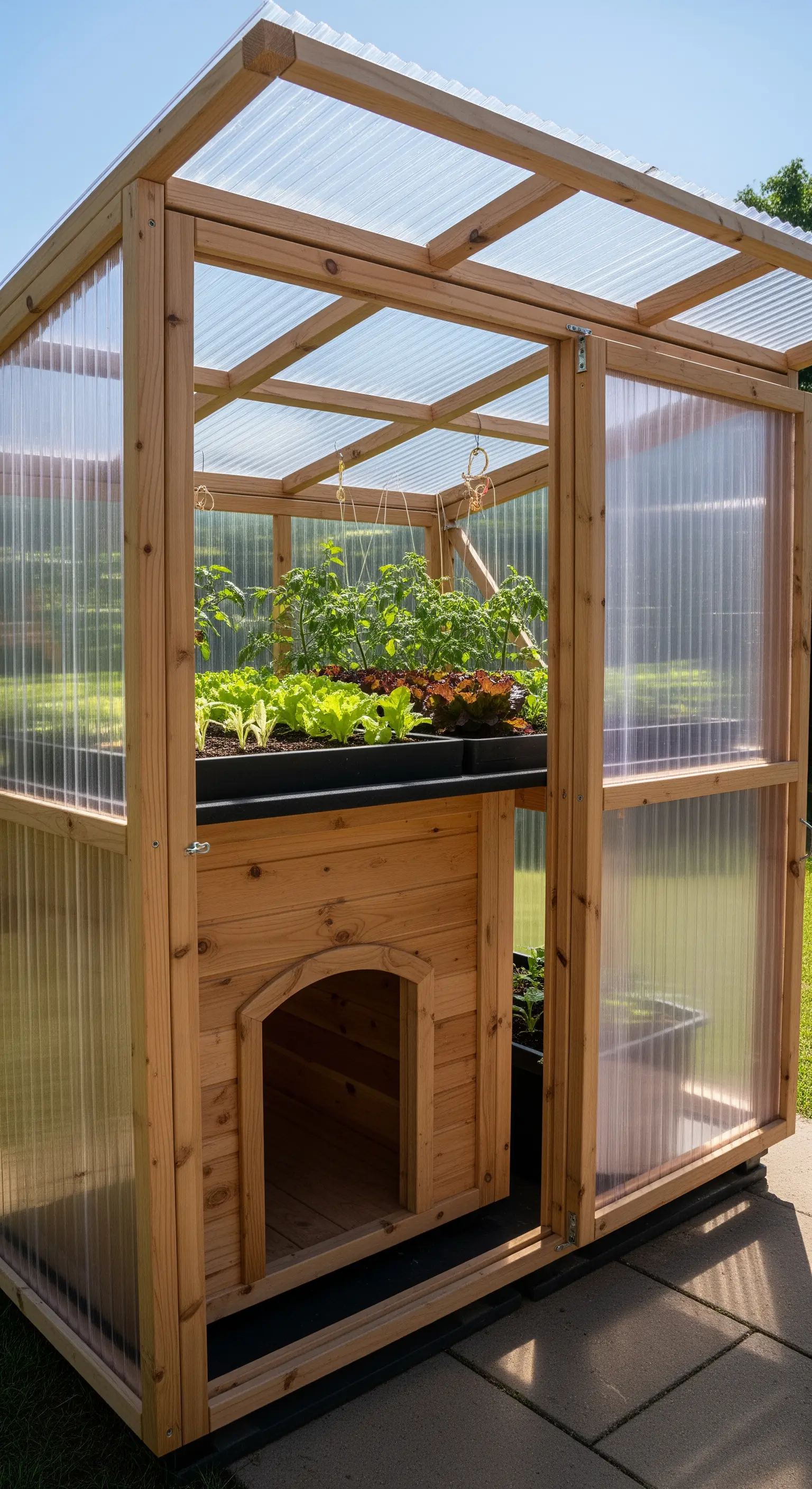 Cuccia in legno posizionata all'interno di una serra, con un orto rialzato sul tetto.