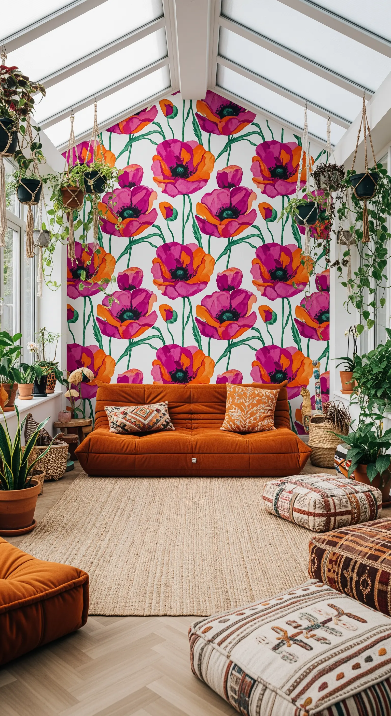 Veranda con carta da parati a papaveri, divano arancione e molte piante.