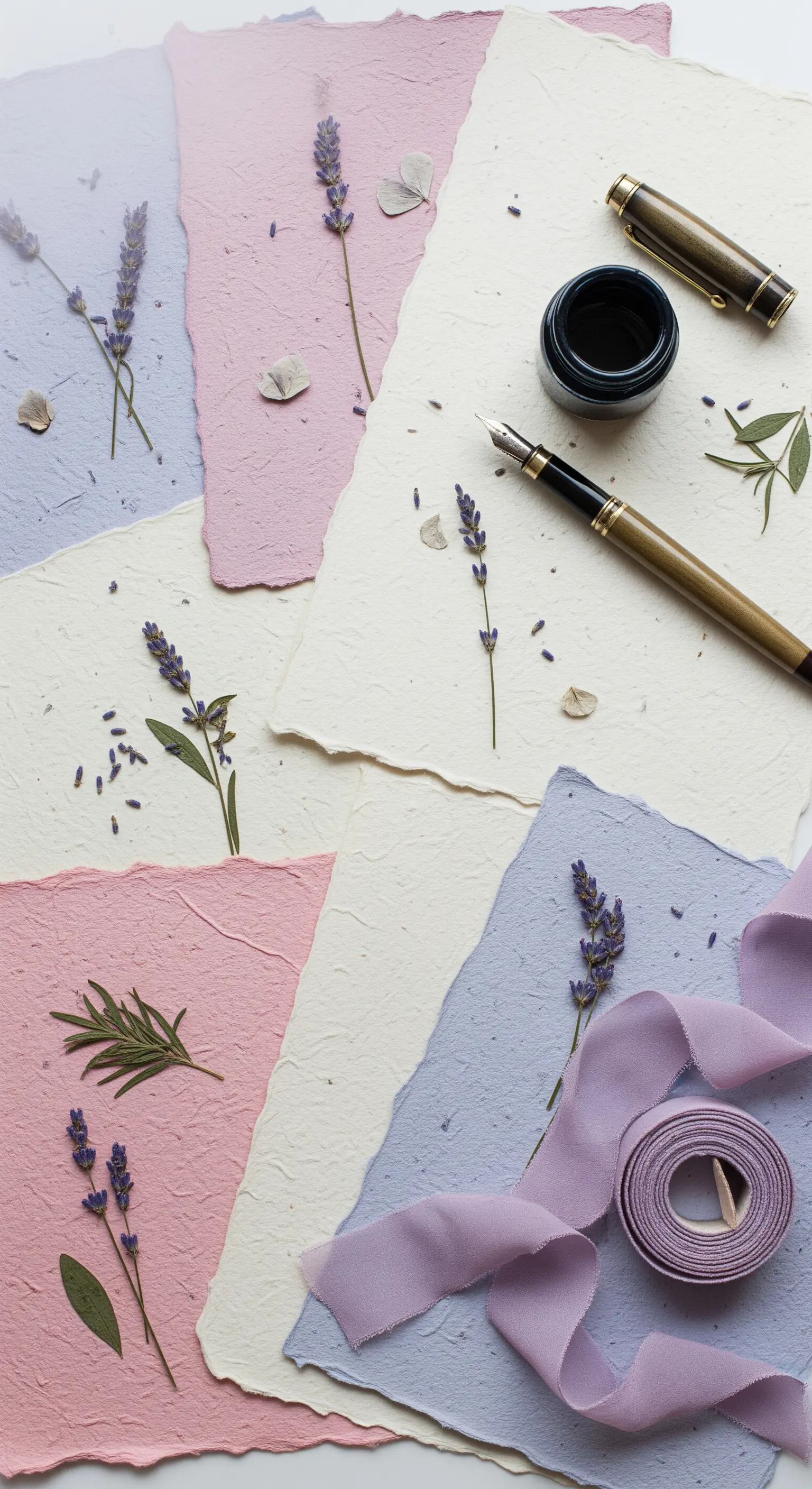 Fogli di carta fatta a mano in colori pastello, decorati con fiori di lavanda essiccati.