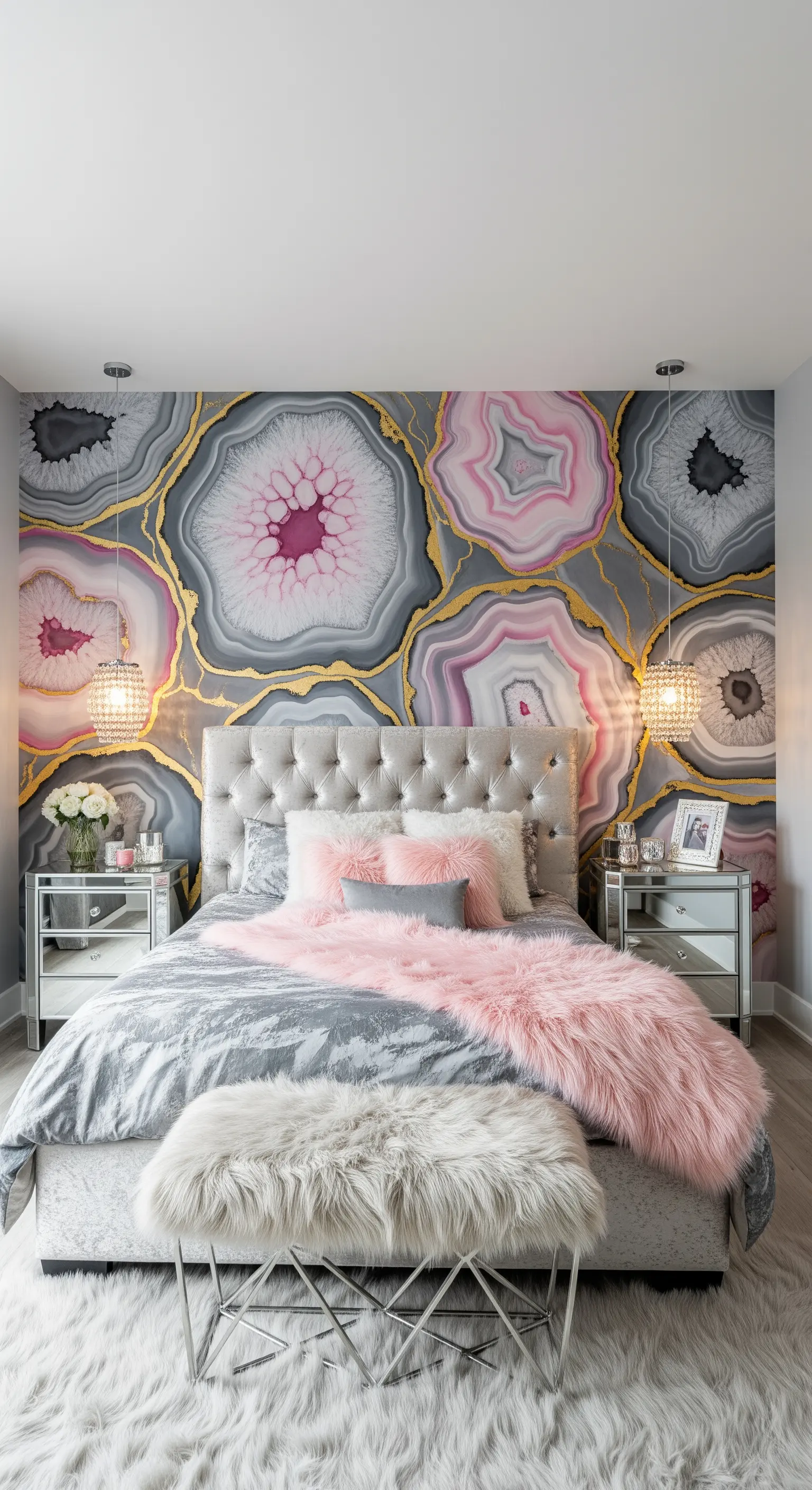 Camera da letto glamour con murale a tema agata rosa e grigia e arredi specchiati.