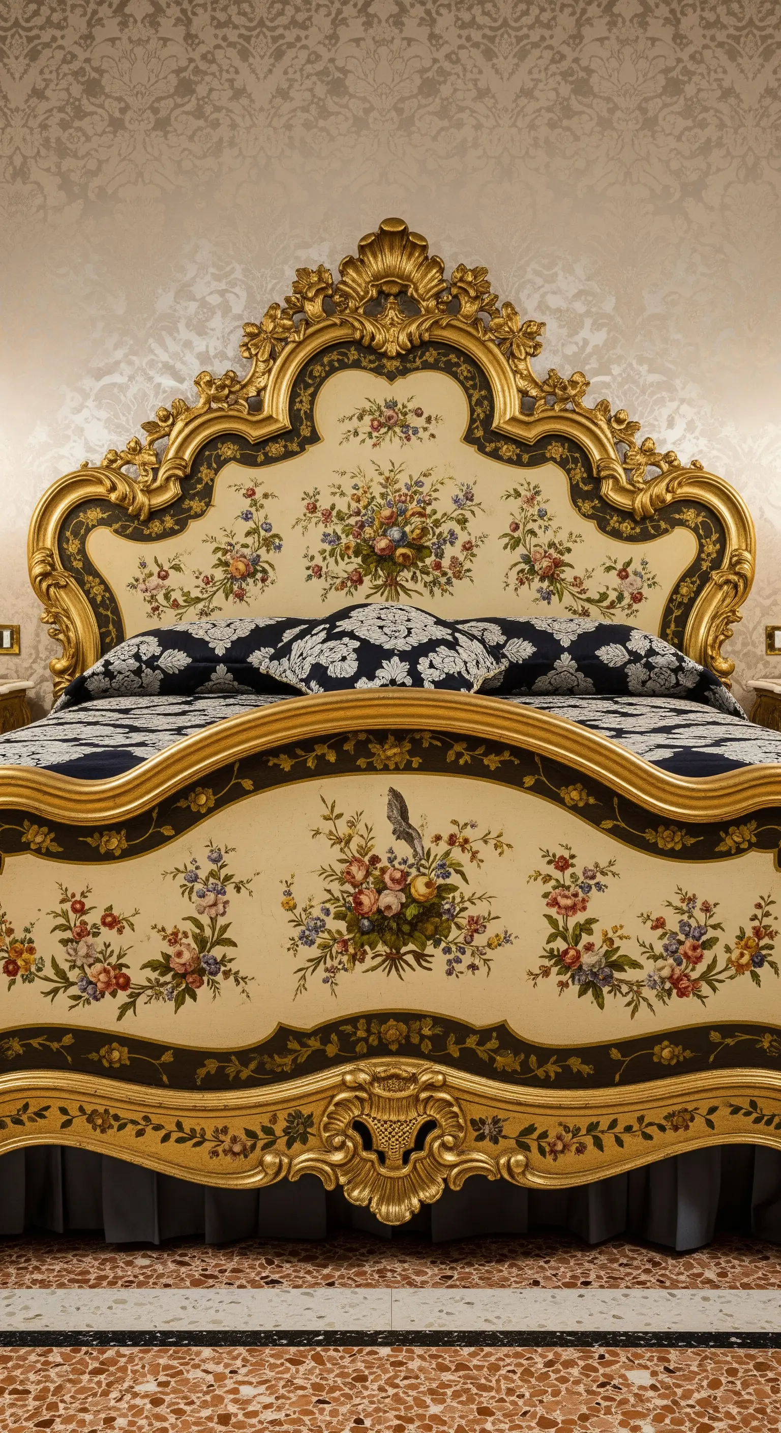 Letto in stile rococò veneziano con finiture dorate e pannelli dipinti con motivi floreali.