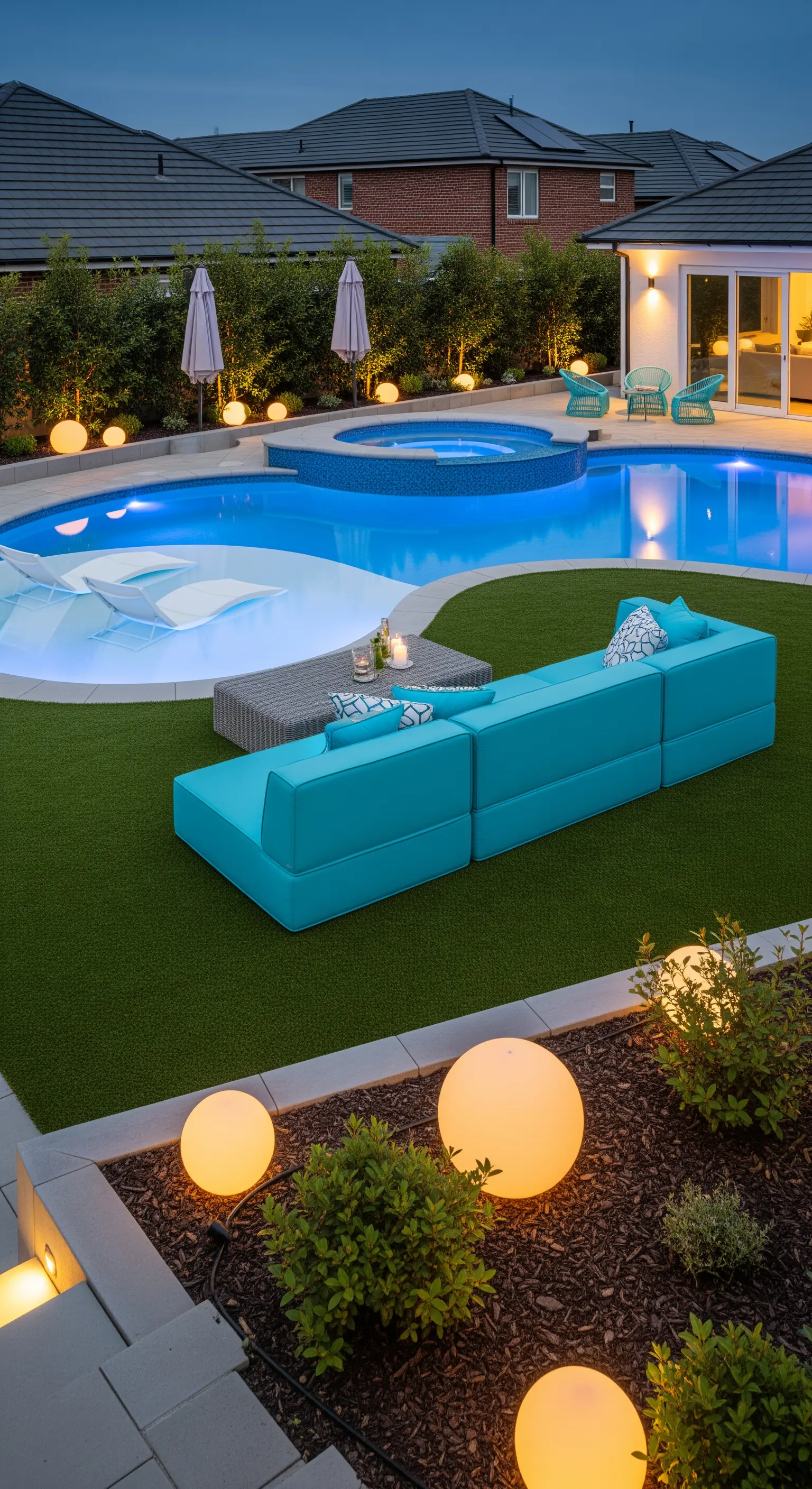 Giardino moderno con un divano turchese e sfere luminose sparse nelle aiuole.