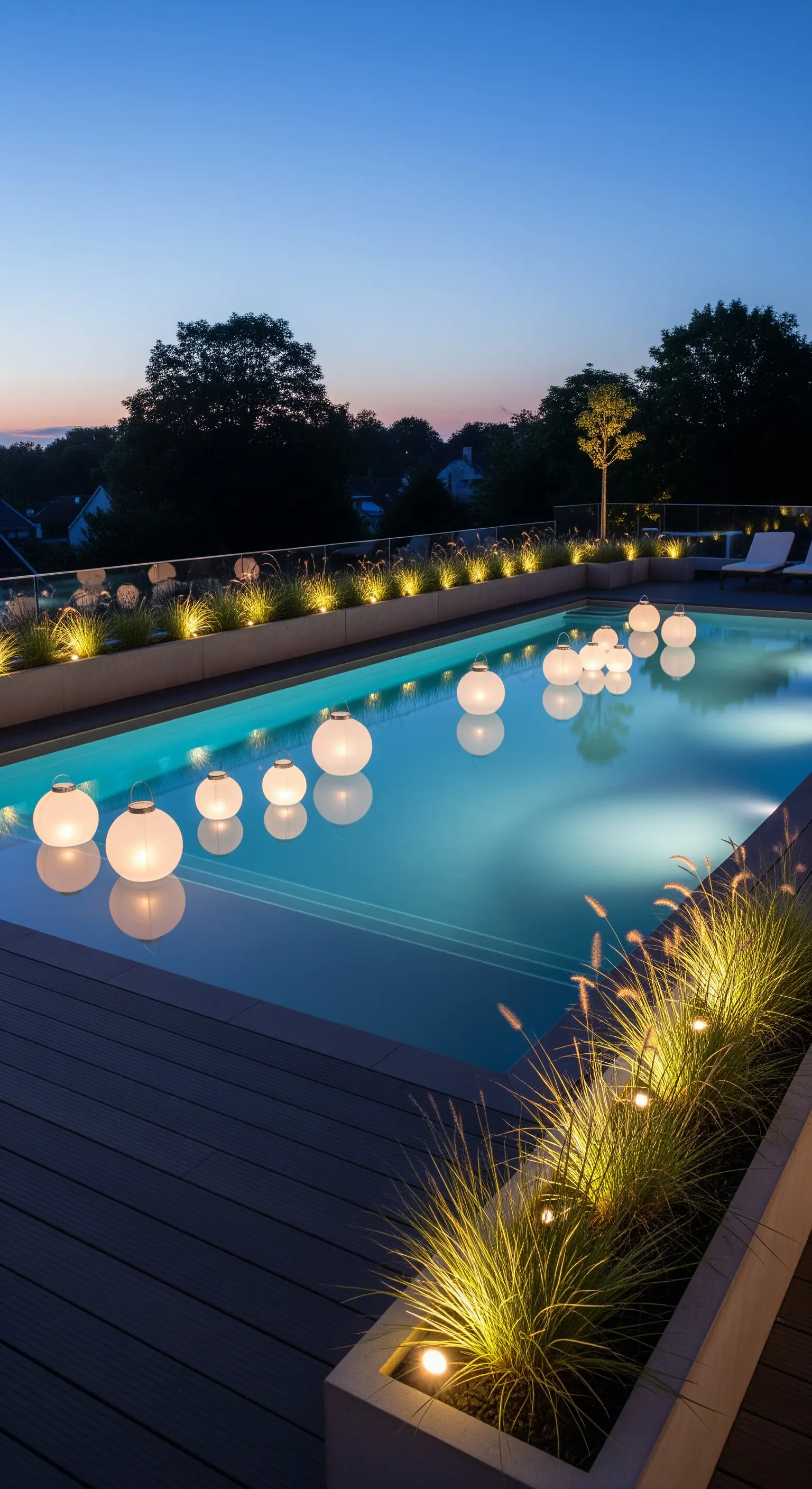 Sfere luminose galleggianti in una piscina moderna al crepuscolo, con faretti sulle piante.