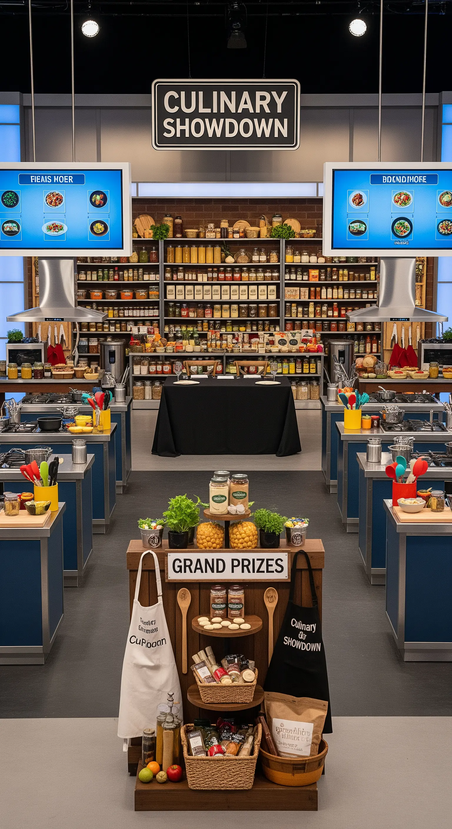 Un set da cooking show con postazioni di cucina professionali e un tavolo con i premi in primo piano.