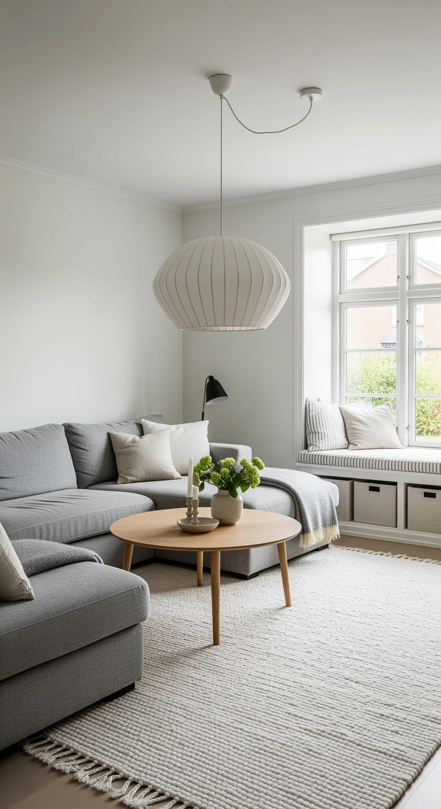 Divano angolare grigio e lampada a sospensione di design in un salotto con panca sottofinestra.