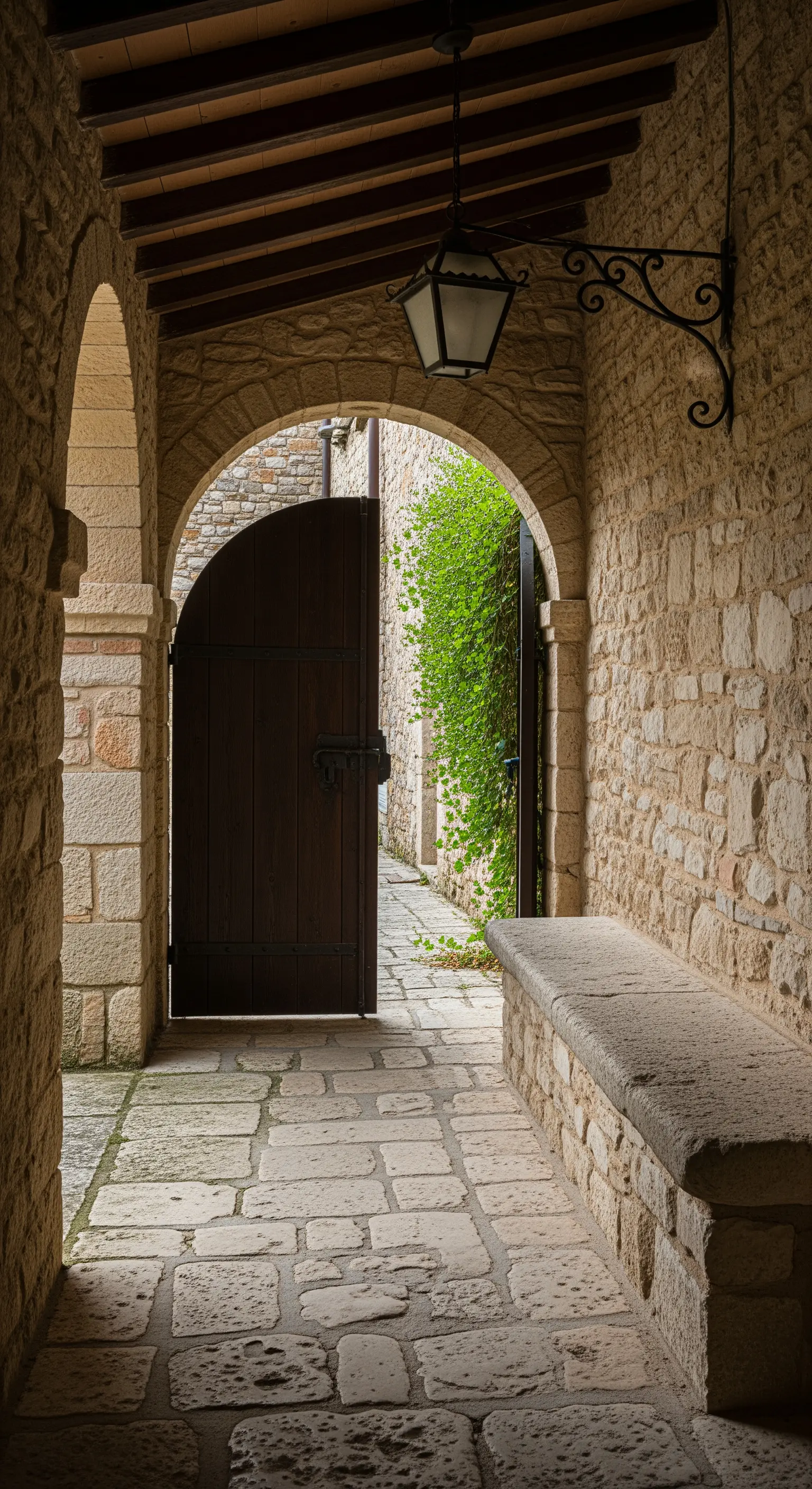 Passaggio ad arco in pietra con una lunga panca integrata nella parete e una lanterna in ferro.