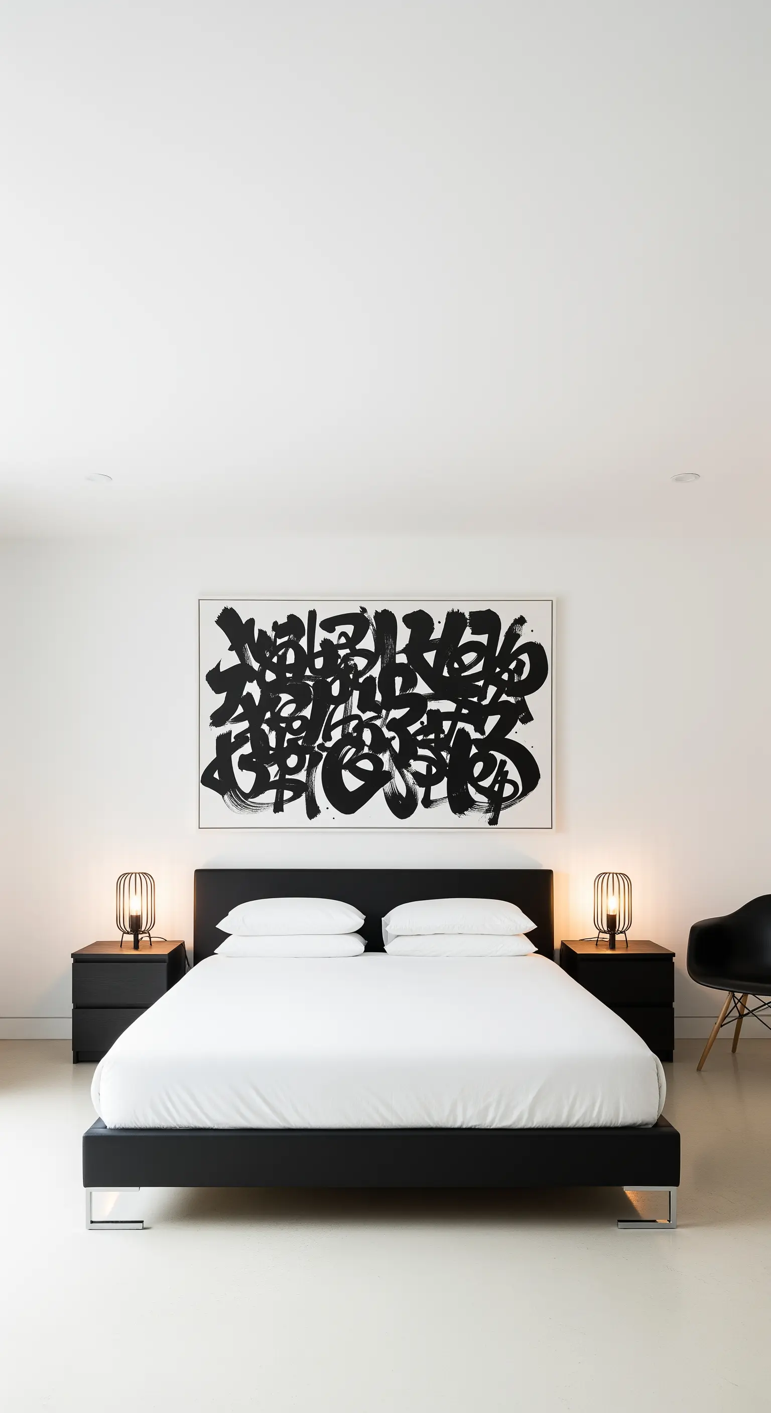 Grande quadro con calligrafia astratta nera su fondo bianco, in una camera da letto black & white.