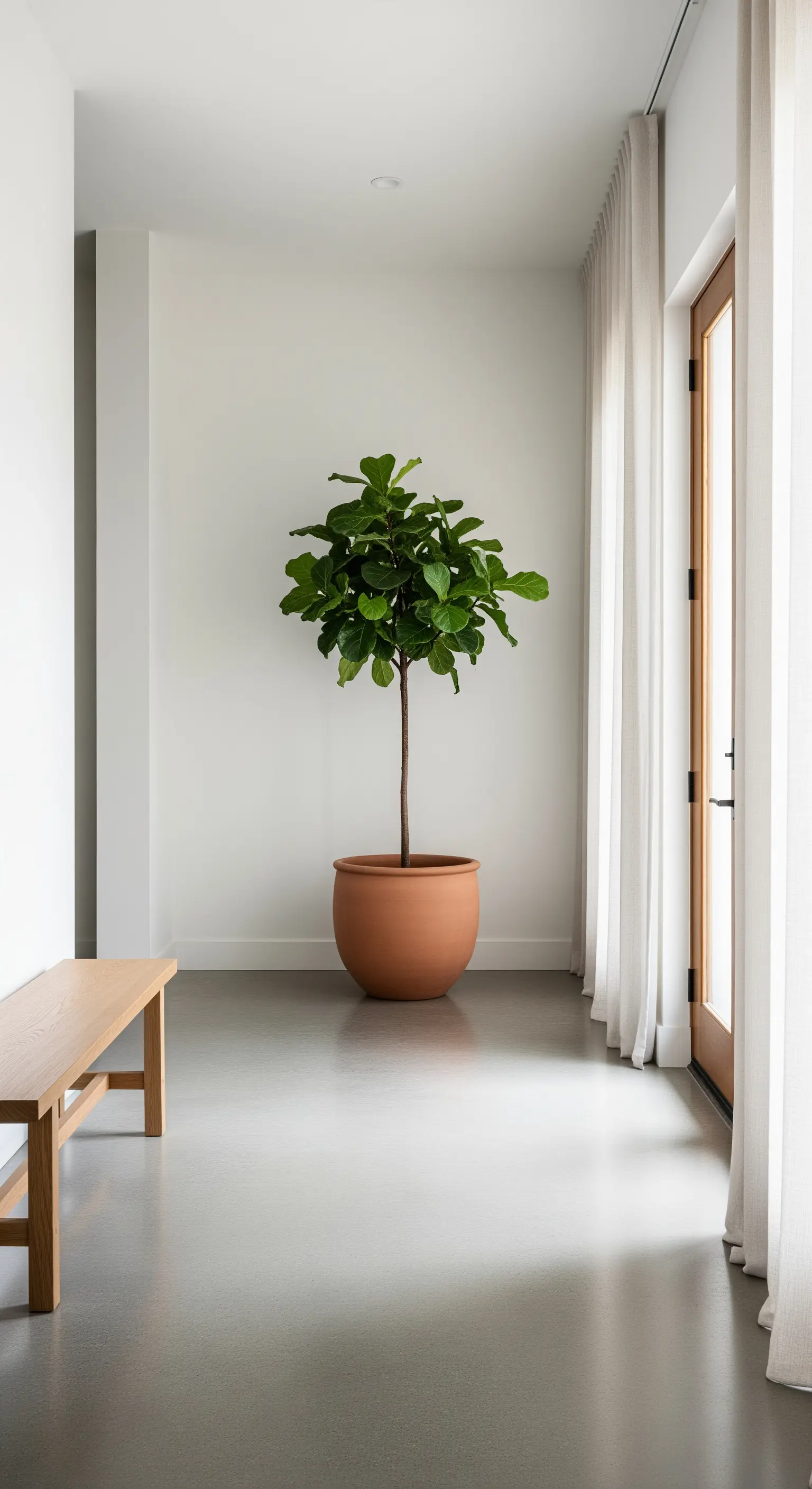 Ingresso minimalista con pareti bianche, pavimento grigio e un grande vaso in terracotta con un ficus.