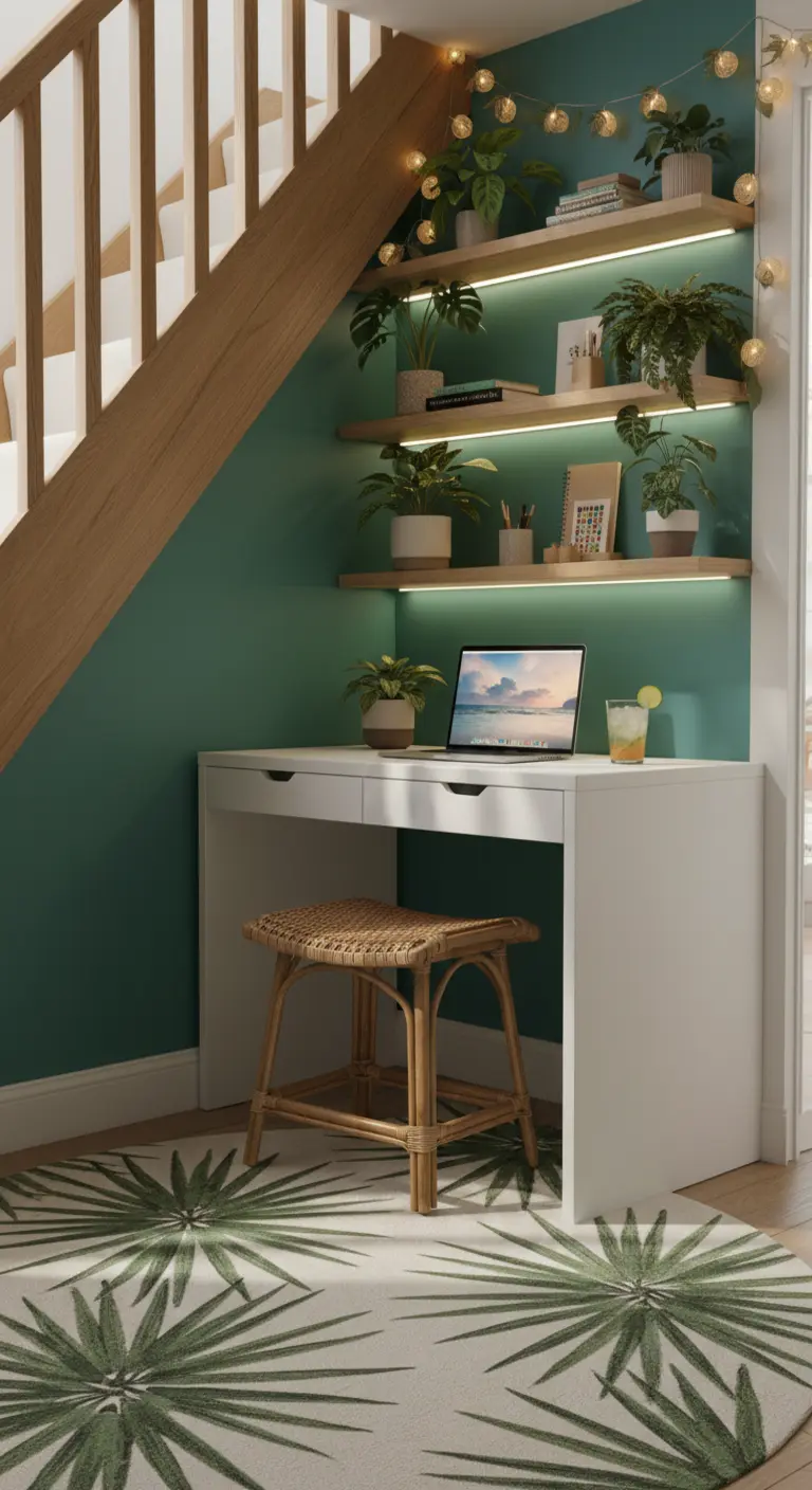 Postazione lavoro creata in un sottoscala con parete verde scuro e mensole illuminate a LED.