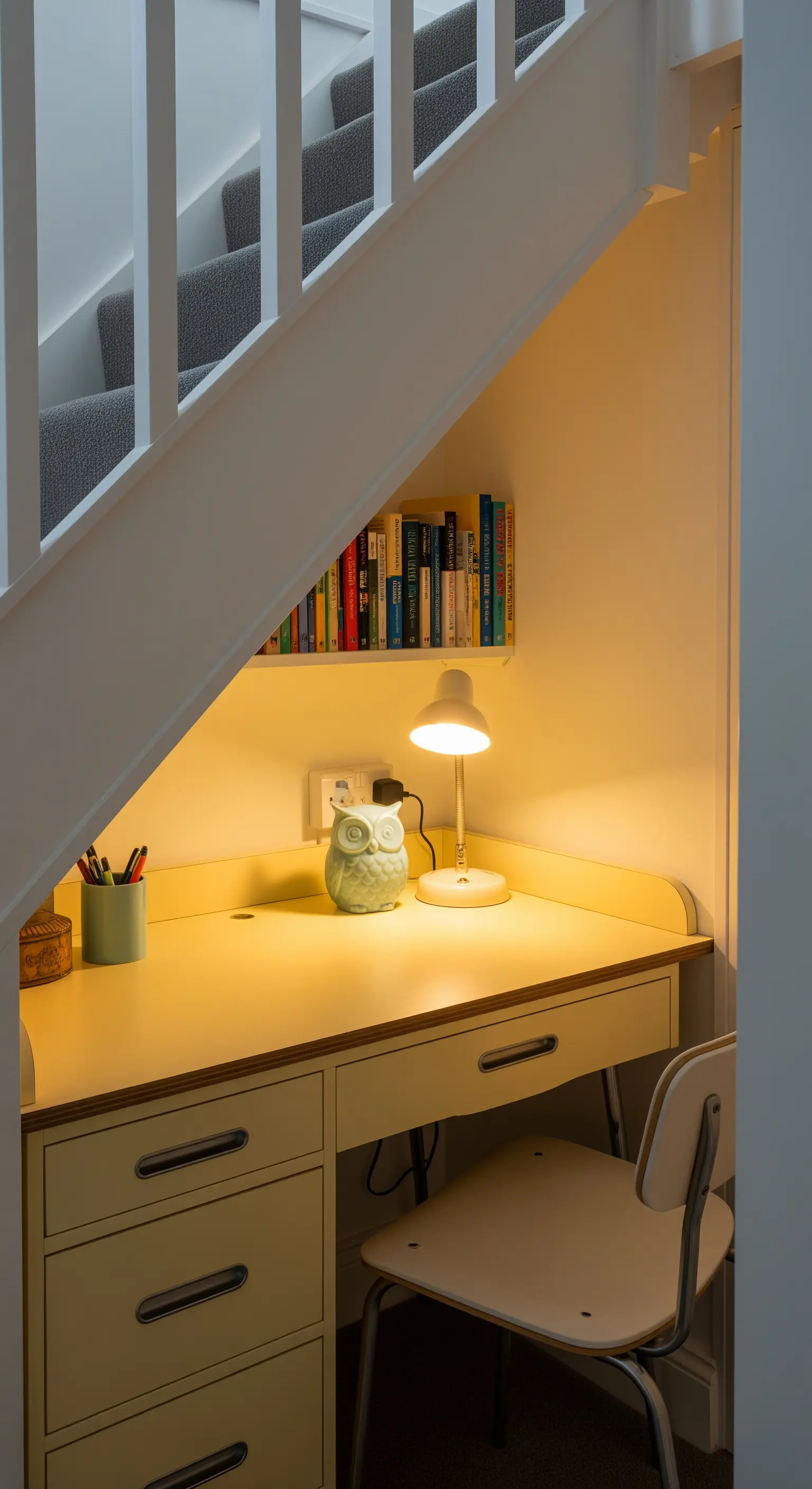 Angolo studio compatto color giallo vaniglia, ricavato in un sottoscala ben illuminato.