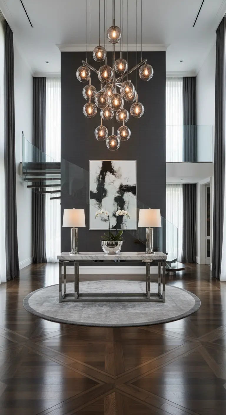 Ingresso a doppia altezza con imponente lampadario a grappolo e consolle moderna con lampade simmetriche.