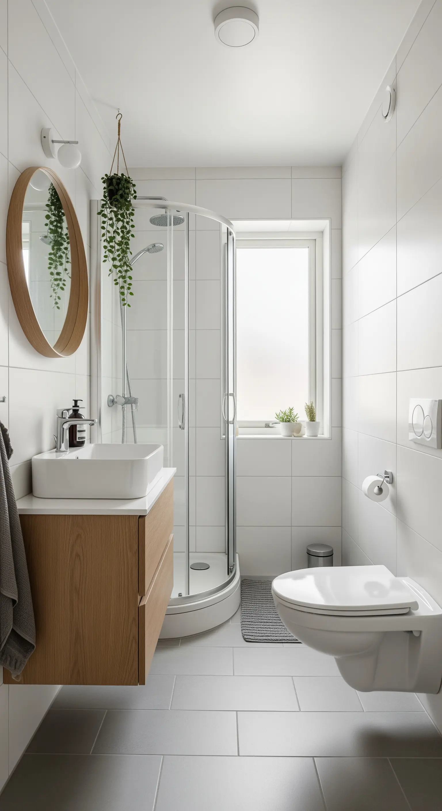 Bagno bianco con doccia angolare, mobile in legno chiaro e specchio rotondo.