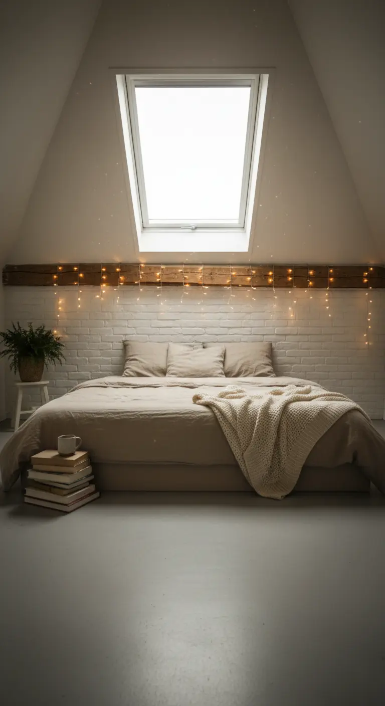 Camera da letto in mansarda con lucine a LED lungo una trave di legno sopra il letto.