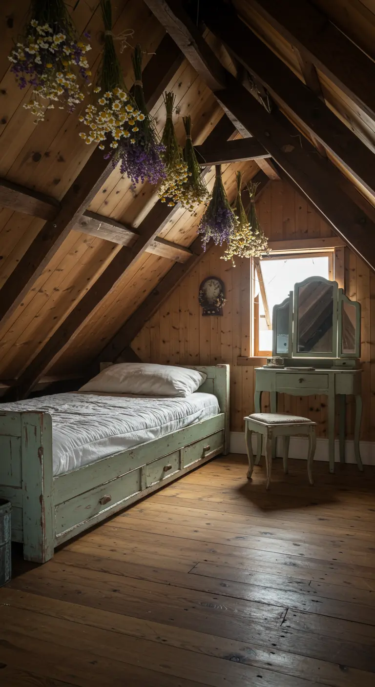 Mansarda in legno con mazzi di fiori di campo appesi alle travi sopra un letto singolo.