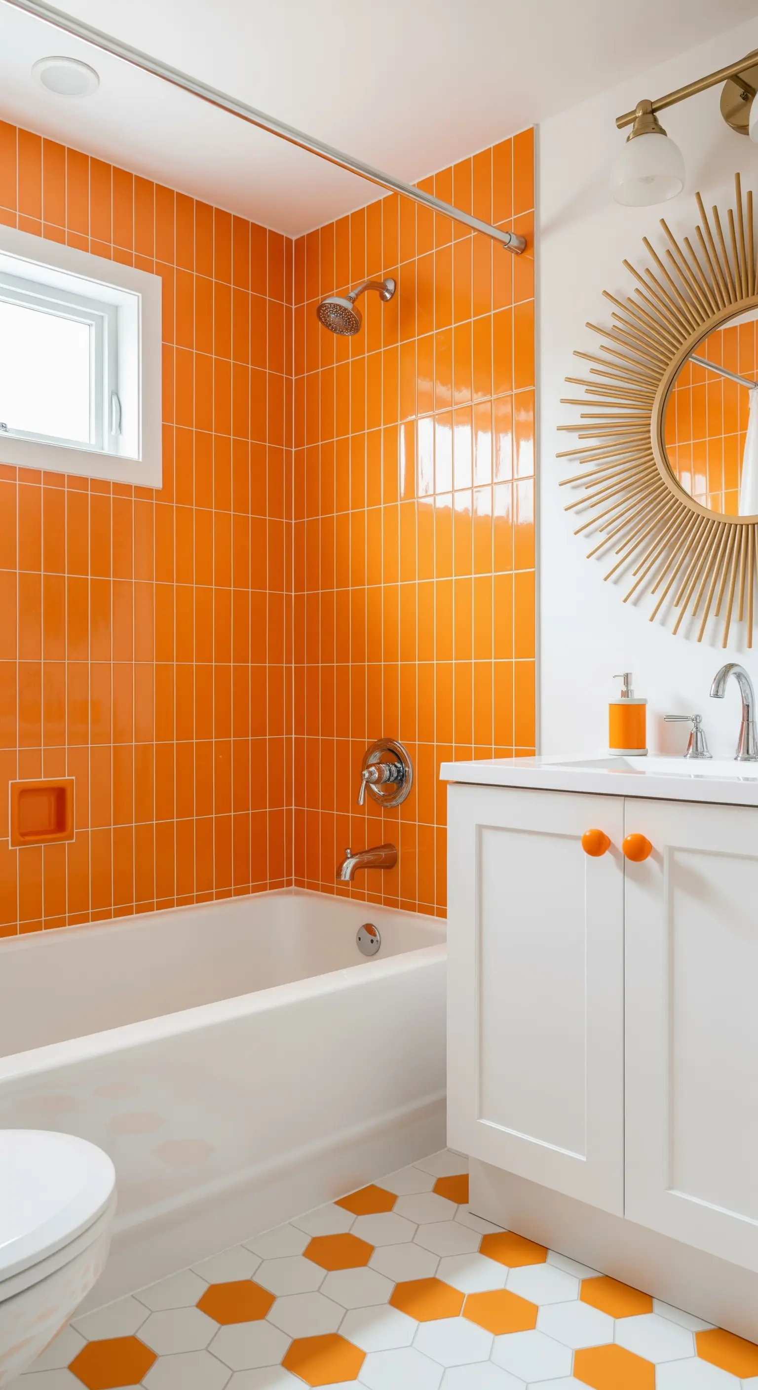 Zona doccia con piastrelle arancioni posate in verticale e pavimento esagonale.