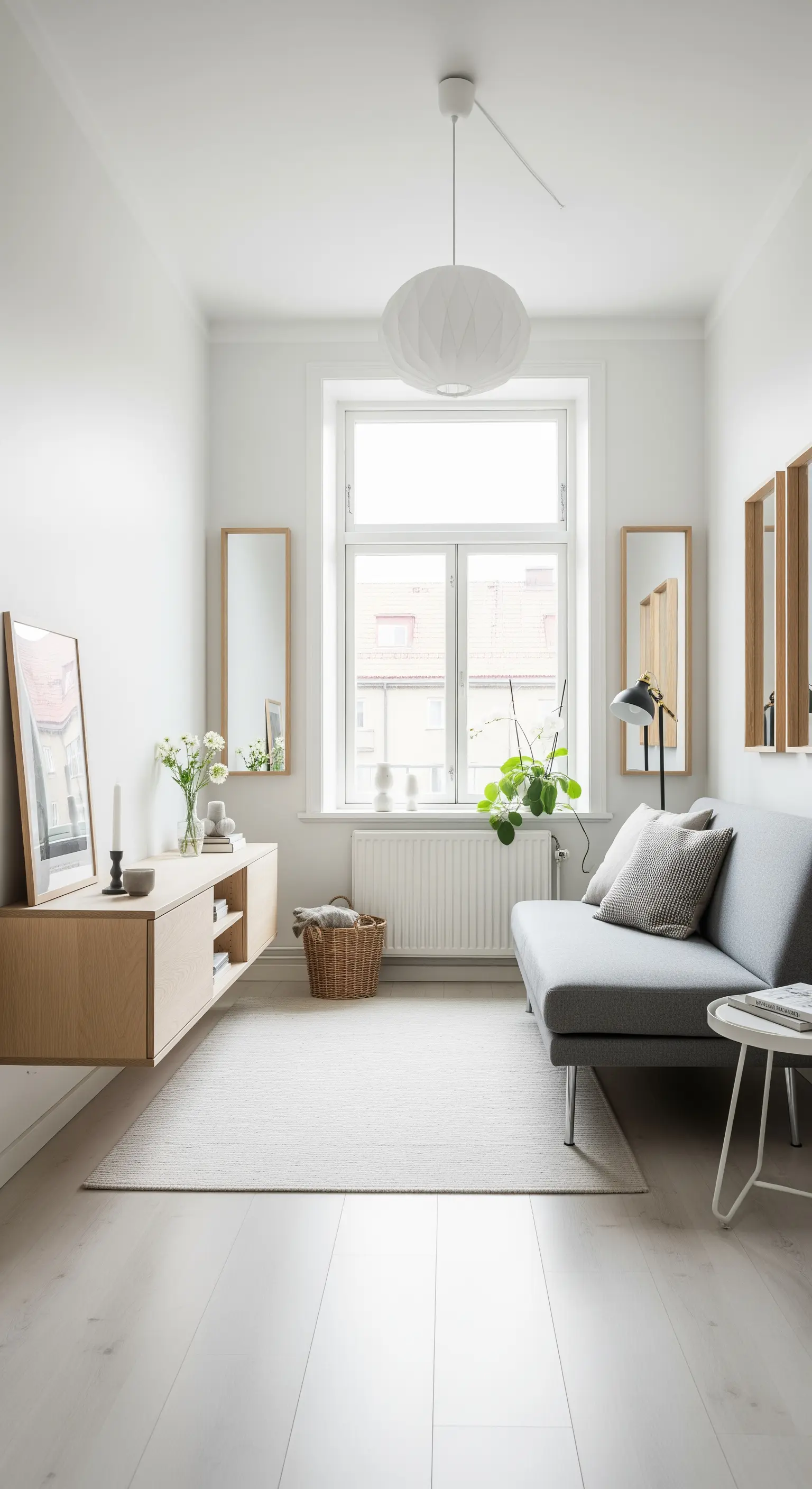 Soggiorno piccolo e stretto con mobile TV sospeso in legno e specchi alle pareti.