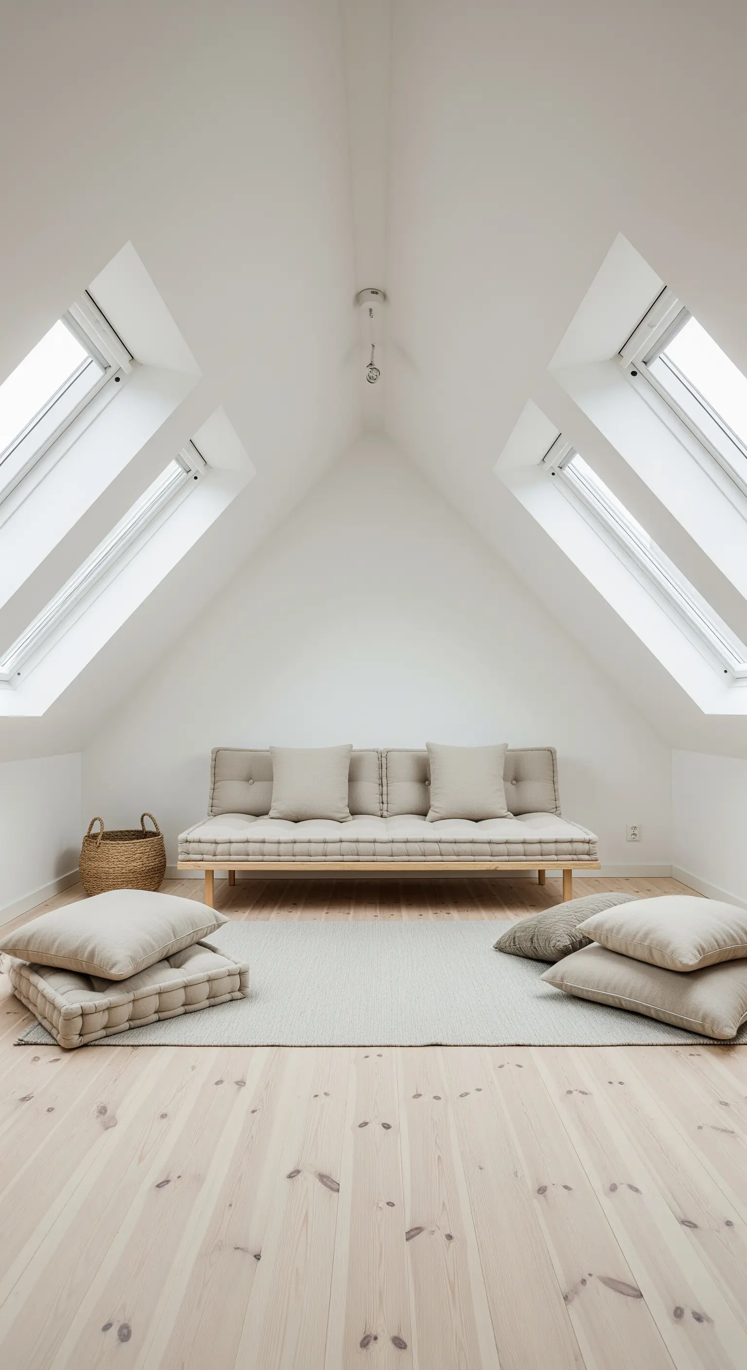 Mansarda bianca e minimalista con futon, cuscini a terra e pavimento in legno di pino.