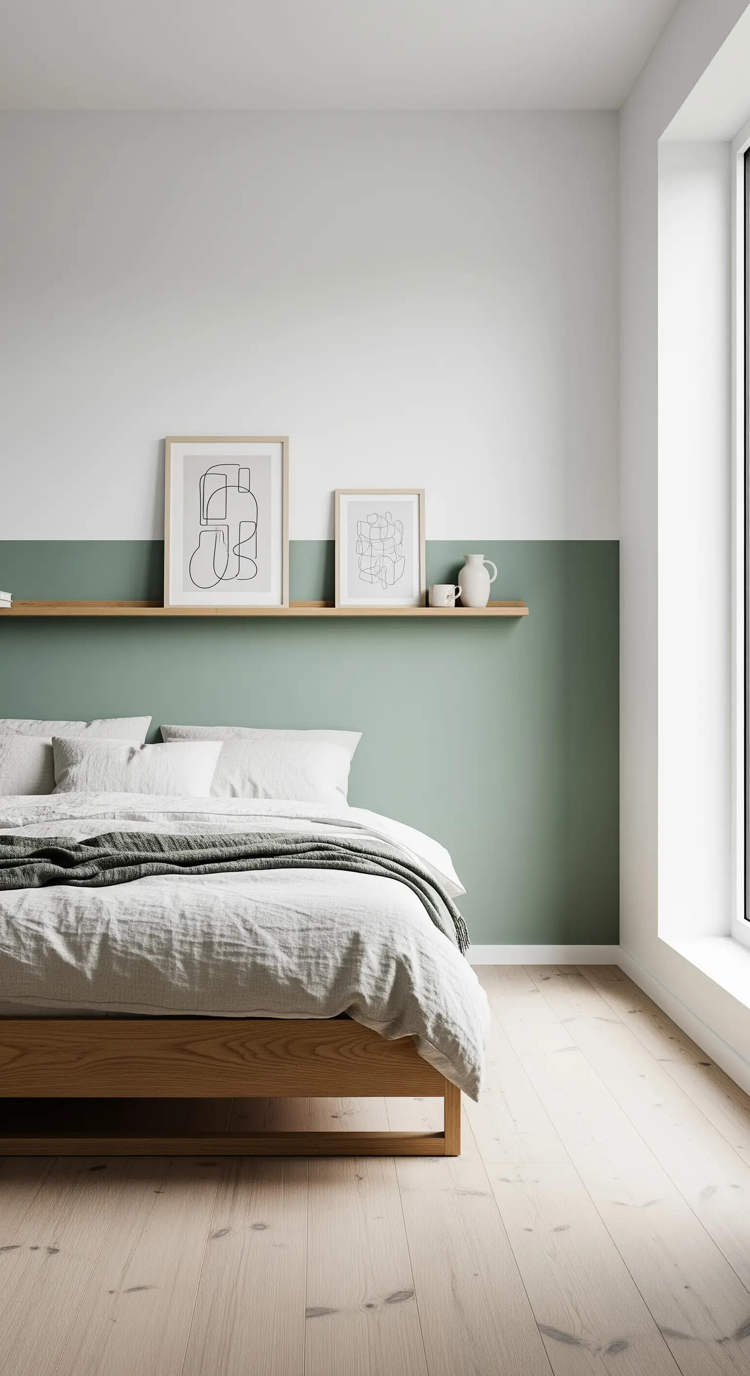 Camera da letto minimalista con parete bicolore verde salvia e bianca, e una mensola in legno.