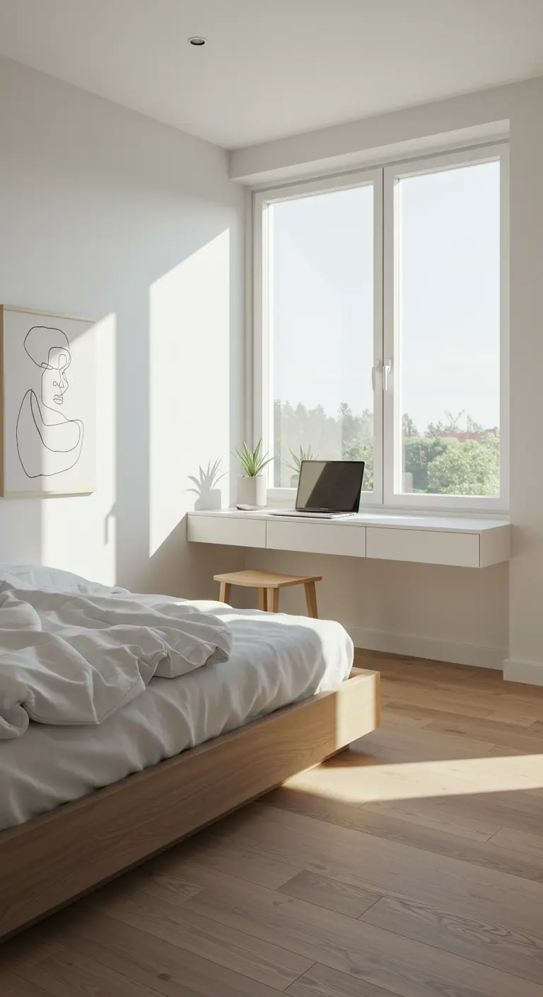 Scrivania bianca sospesa sotto una grande finestra in una camera da letto minimalista.