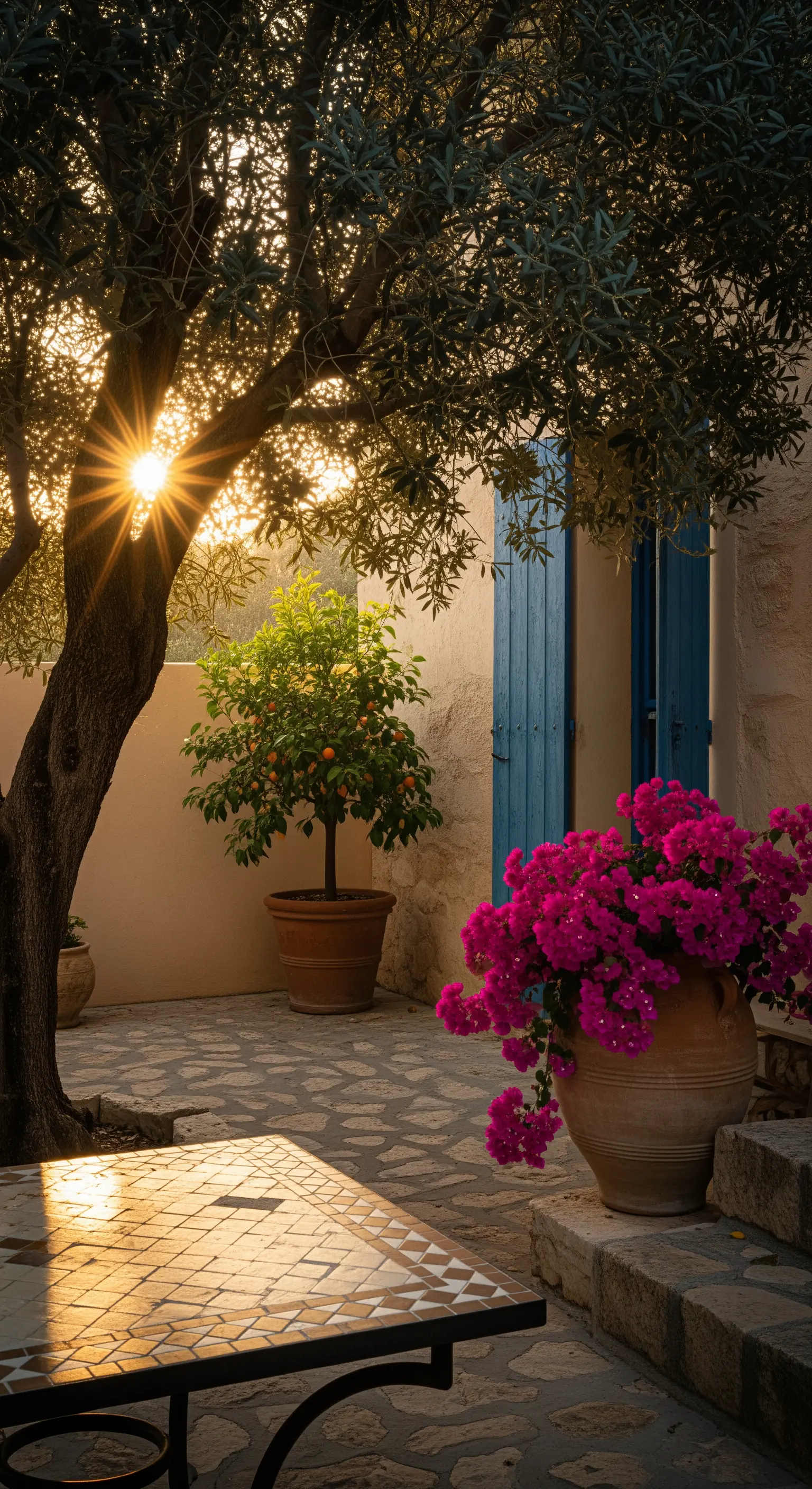Luce del tramonto che filtra da un ulivo, illumina un tavolo in mosaico e una bouganville.