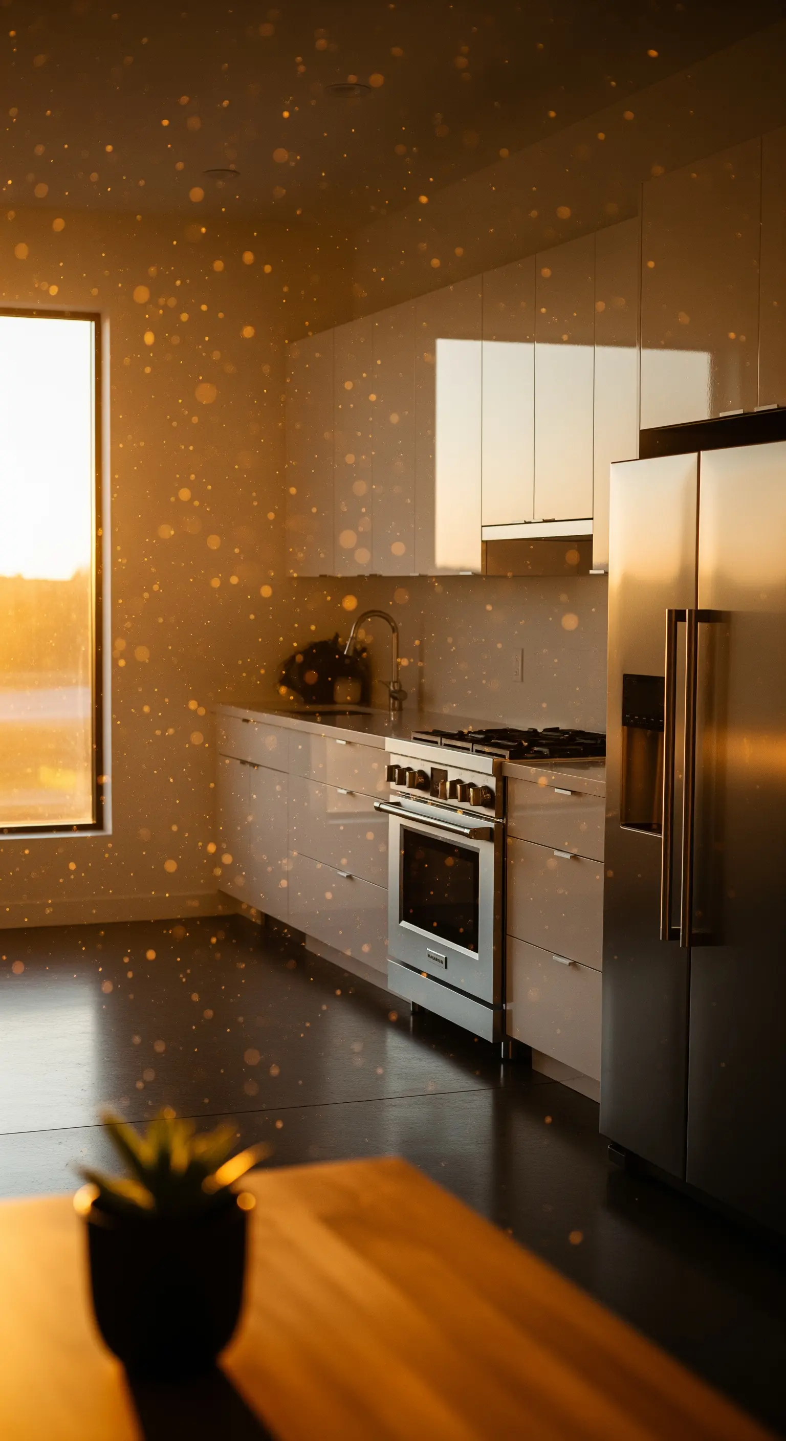 Cucina bianca e acciaio inossidabile inondata dalla luce dorata del tramonto.