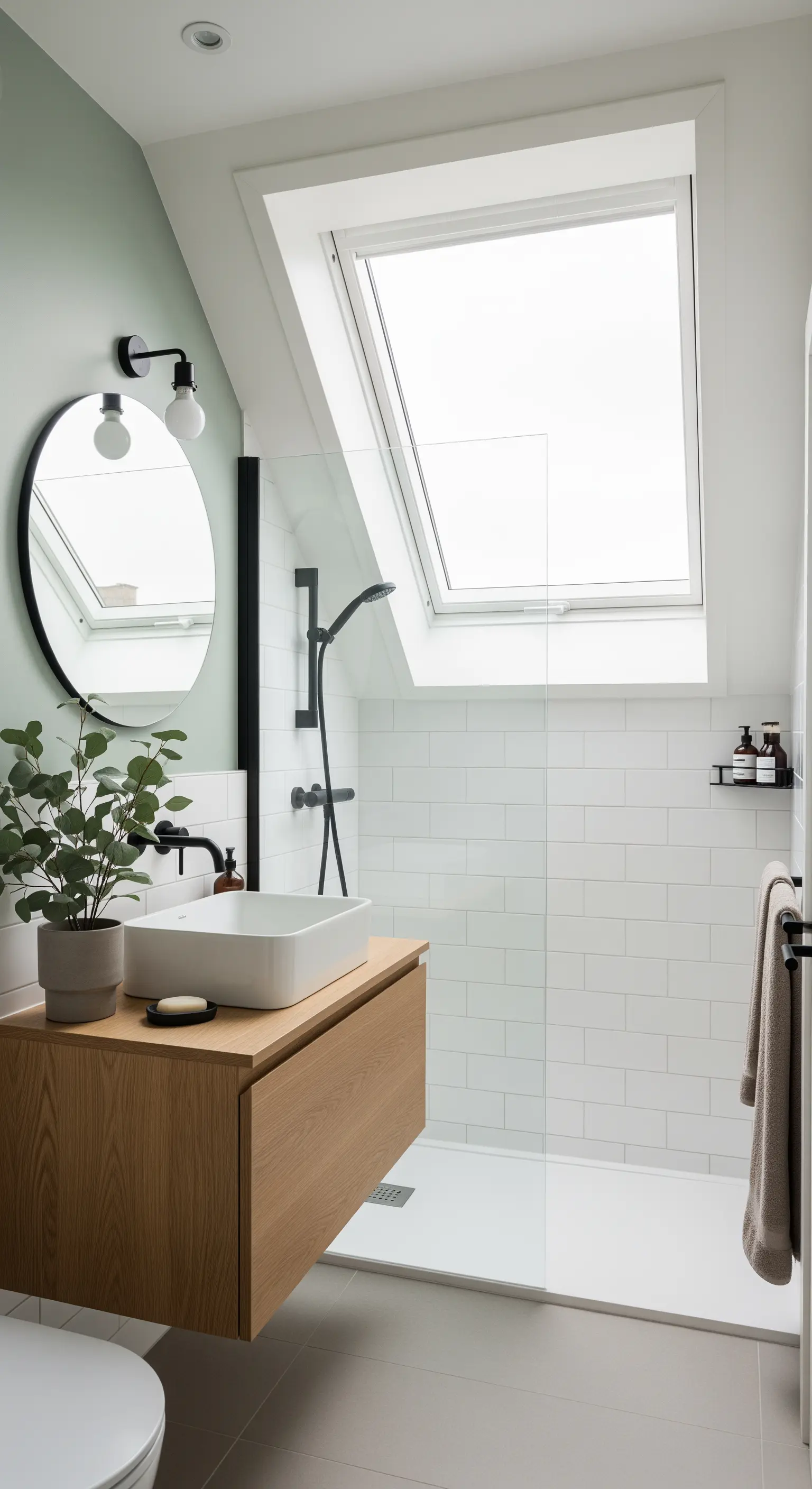 Bagno in mansarda con mobile in legno sospeso, specchio tondo e parete verde salvia.