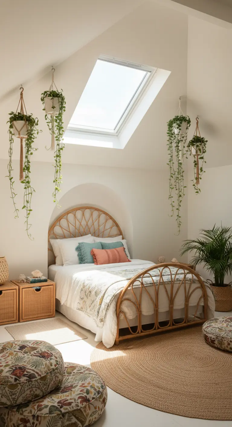 Camera mansardata con letto in rattan sotto un lucernario e piante ricadenti.
