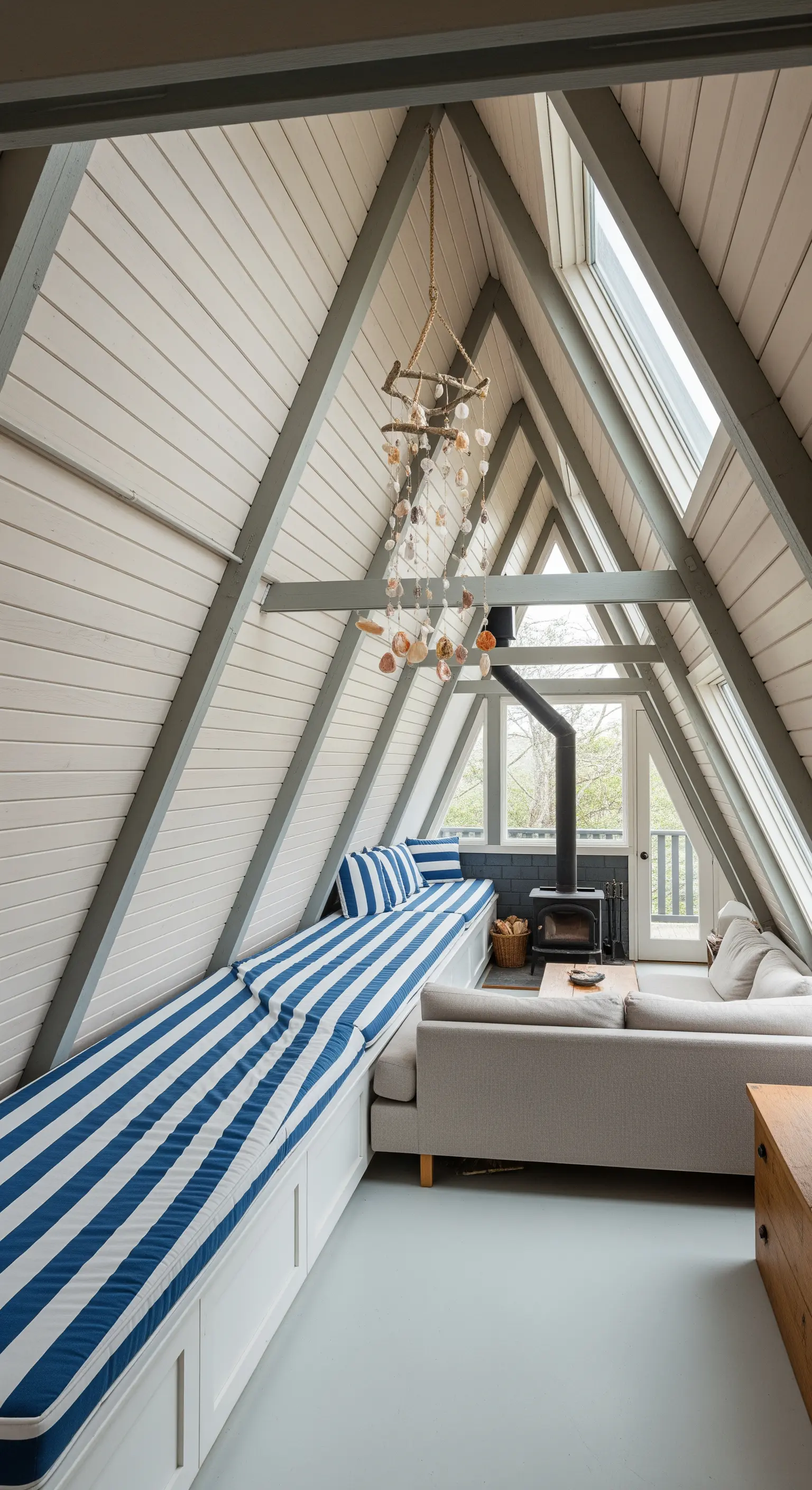 Mansarda con panca a righe blu e un mobile di conchiglie pendente.