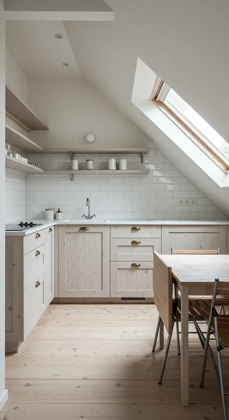 Cucina in mansarda con mobili in legno chiaro e mensole a vista sotto la finestra del tetto.