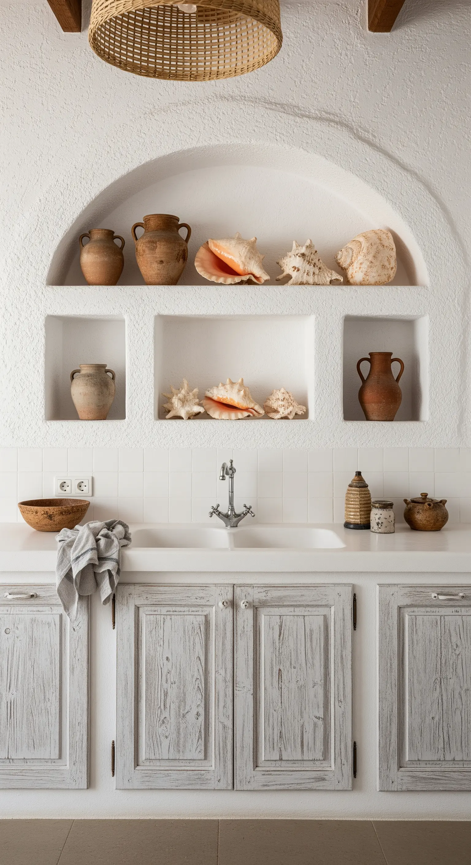 Nicchia ad arco in un muro bianco con mensole che espongono conchiglie e vasi in terracotta.